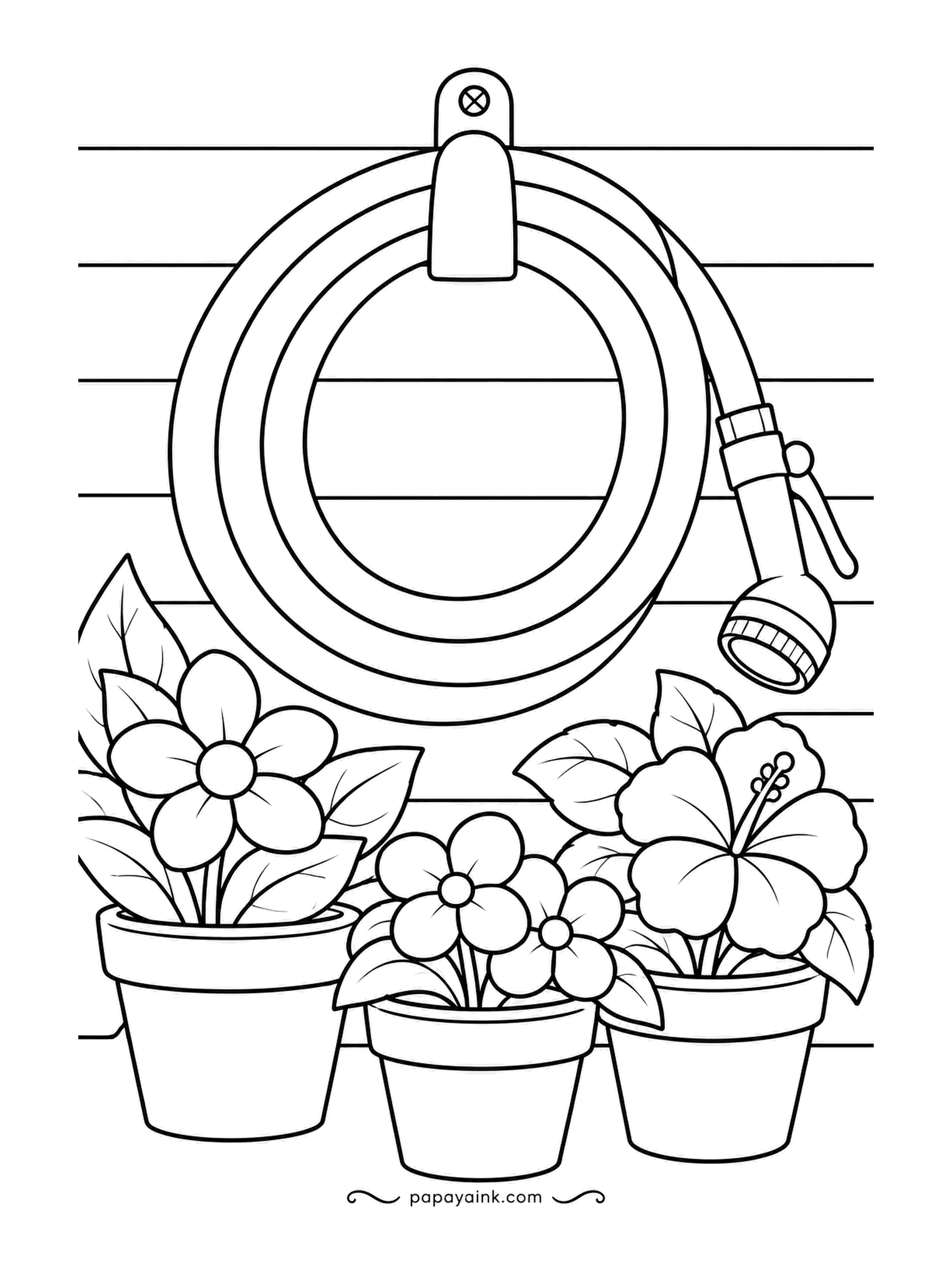 Garden Coloring Pages - Coiled on its wall hook with the spray nozzle hanging free, a hose waits above a row of potted flowers, hibiscus among them. Classic hoses are green, but a bright yellow or orange coil against gray clapboard makes a far better picture.