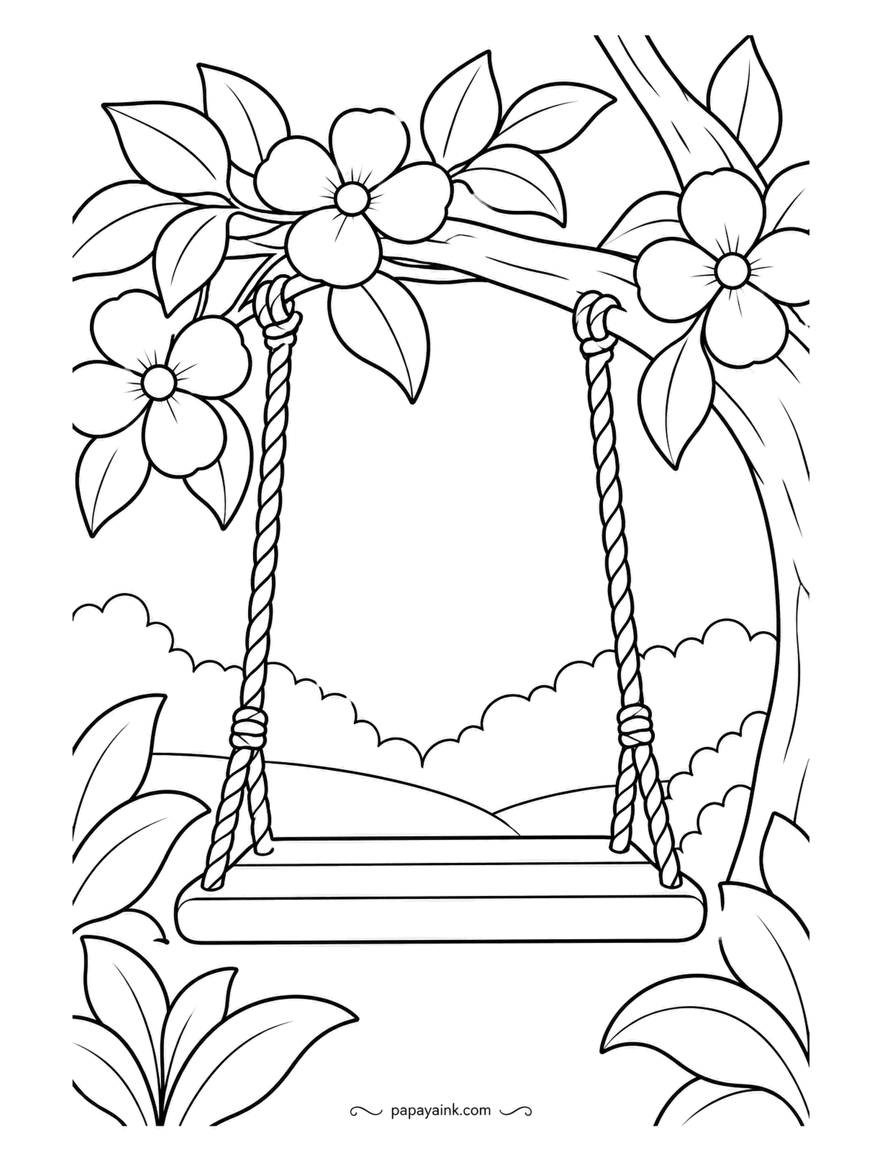 Garden Coloring Pages - Rope swing, wooden seat, hung from a bough covered in blossom, with soft hedges and an open view behind. Nobody is on it, which is the point. Pale pink for the flowers, weathered oak for the seat, and the ropes in a sandy cream.