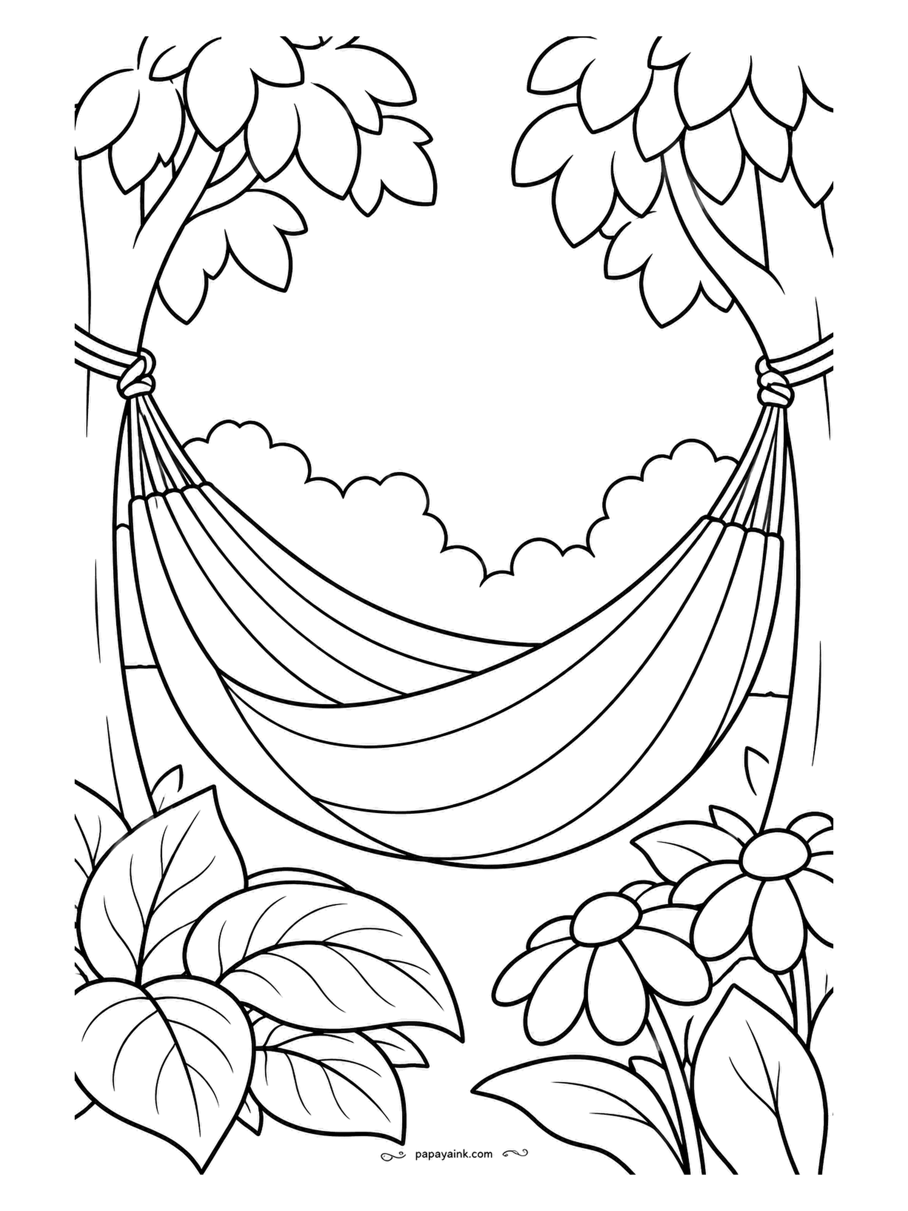 Garden Coloring Pages - Slung between two trunks, a striped hammock sags under shade alone, with hostas on one side and coneflowers on the other. The stripes are an invitation: alternate two colors you like together, and keep the trees dark so the hammock reads as the bright spot.