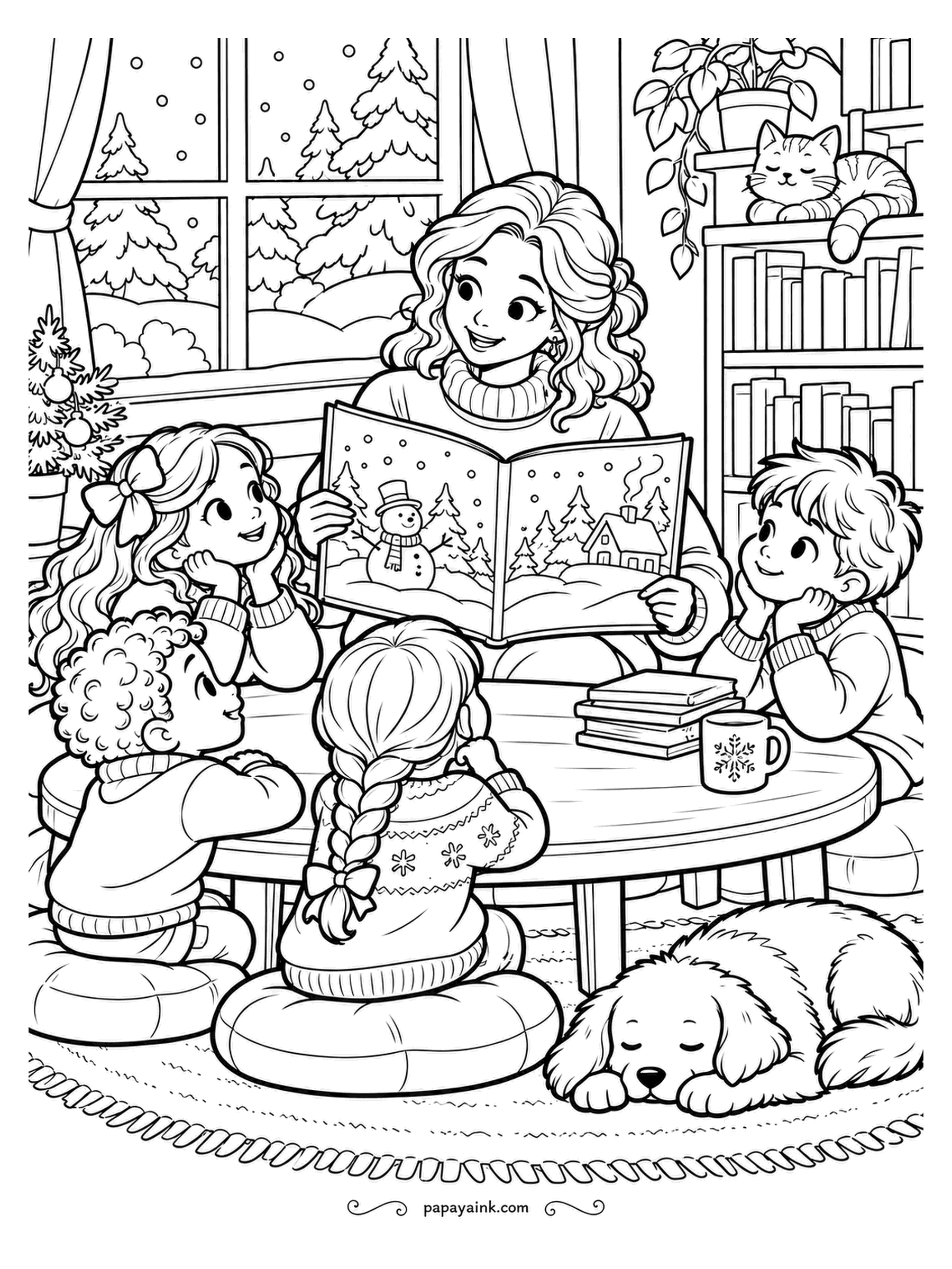 December Coloring Pages - Story time at the library, the book turned outward so everyone can see the snowman on the page. Four listeners on cushions, a cat on top of the bookcase, a dog asleep on the rug. Book spines in a row take a rainbow nicely.