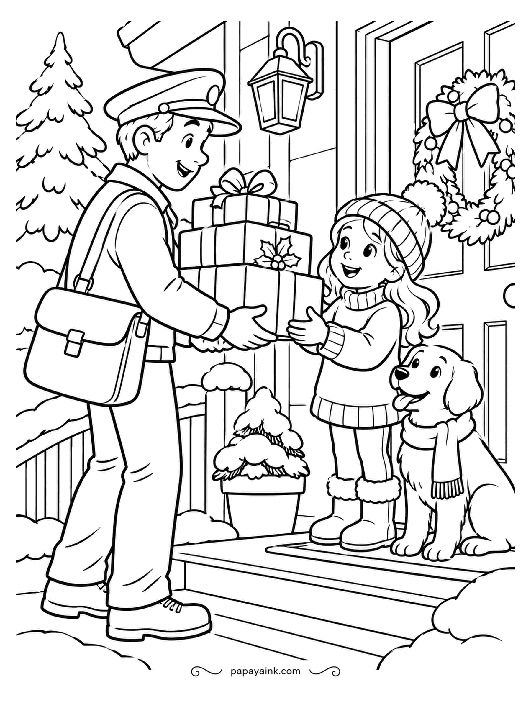 December Coloring Pages - Three parcels, one porch, one very interested golden retriever. The mail carrier hands the stack over at the door under the wreath and the lantern. Wrap each box in a different paper, and give the uniform its classic blue.