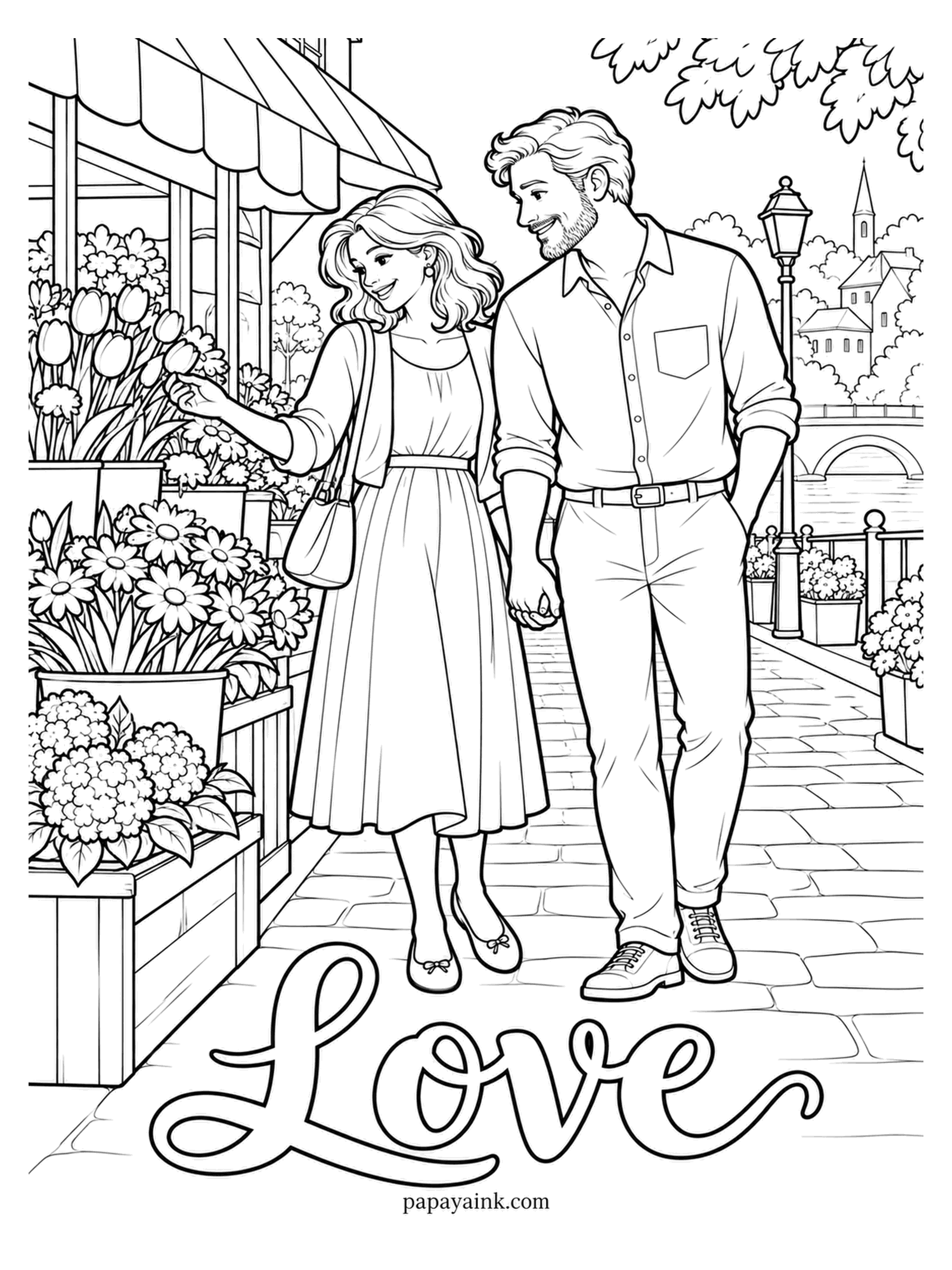 Love Coloring Pages - Choosing flowers at a street stall takes one of them a minute and the other all afternoon. He waits with her hand in his, a lamp post and a bridge to the old town beyond. Detailed - tulips, daisies and hydrangeas in the crates.