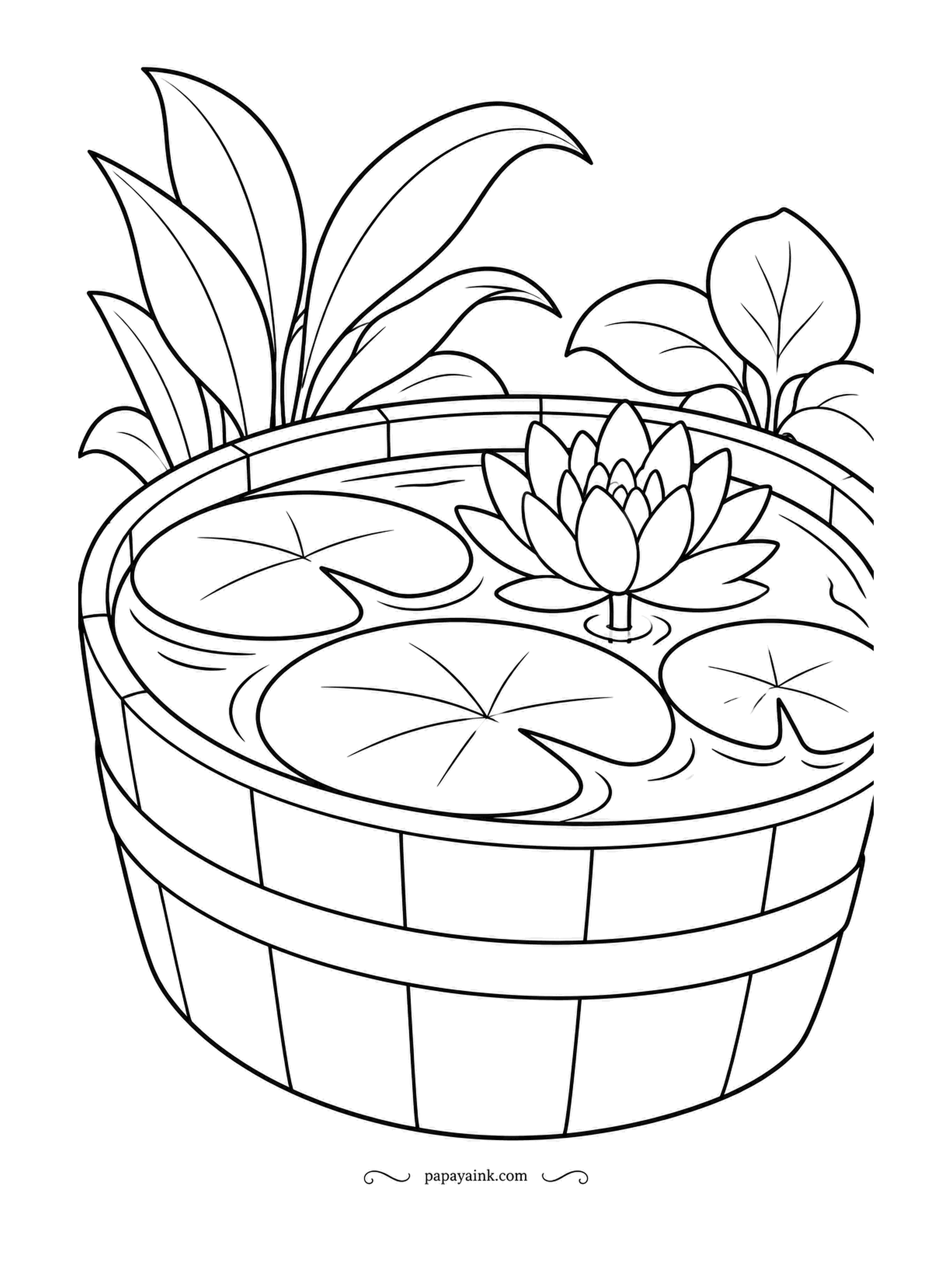 Garden Coloring Pages - Half a whiskey barrel, filled with water, becomes a pond with lily pads, one bloom and reeds behind the rim. Oak staves in warm brown, hoops in dull iron; the water takes a deeper blue than a real pond because it sits in shadow.