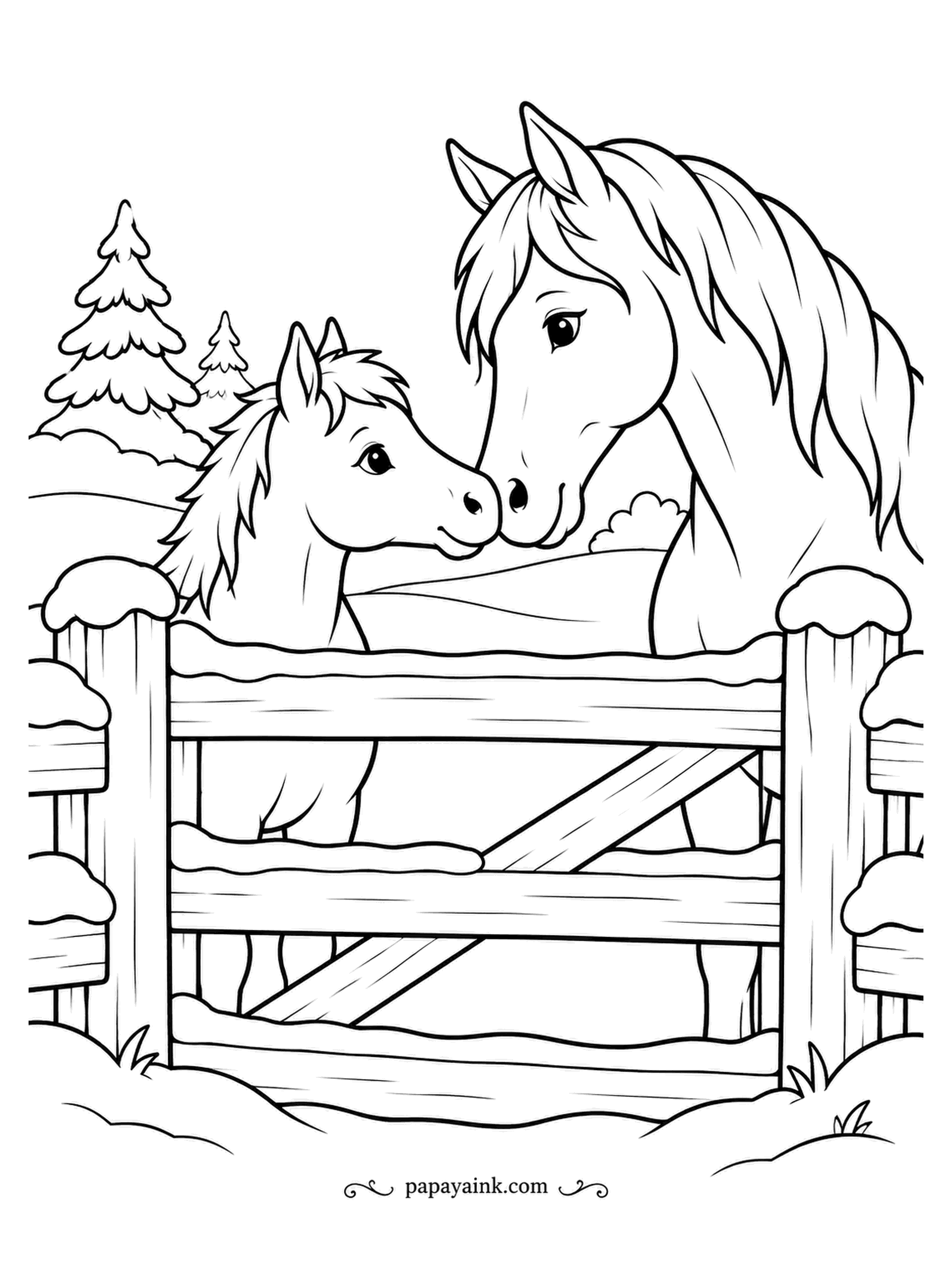December Coloring Pages - Two horses, one tall and one small, touch noses over the paddock gate with snow piled along every rail. Winter coats are thick and a bit fluffy, so soft shading suits them. Try a bay and a gray so the two read differently.