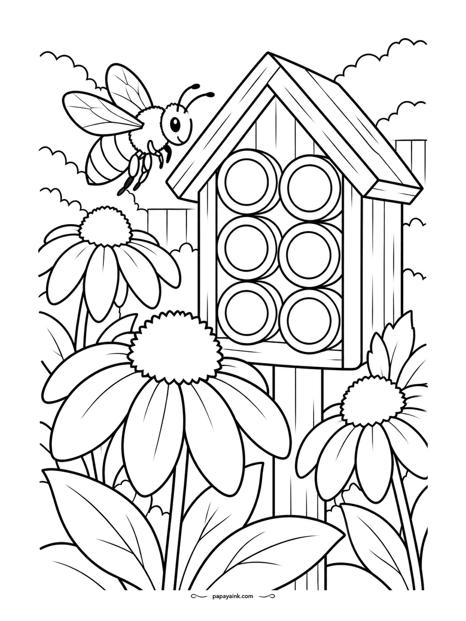 Garden Coloring Pages - A bee hotel - a wooden box stacked with hollow tubes - stands among coneflowers while a bee checks in. Honey yellow and brown for the bee, natural pine for the box, and the tube ends in a darker brown to show they are hollow.