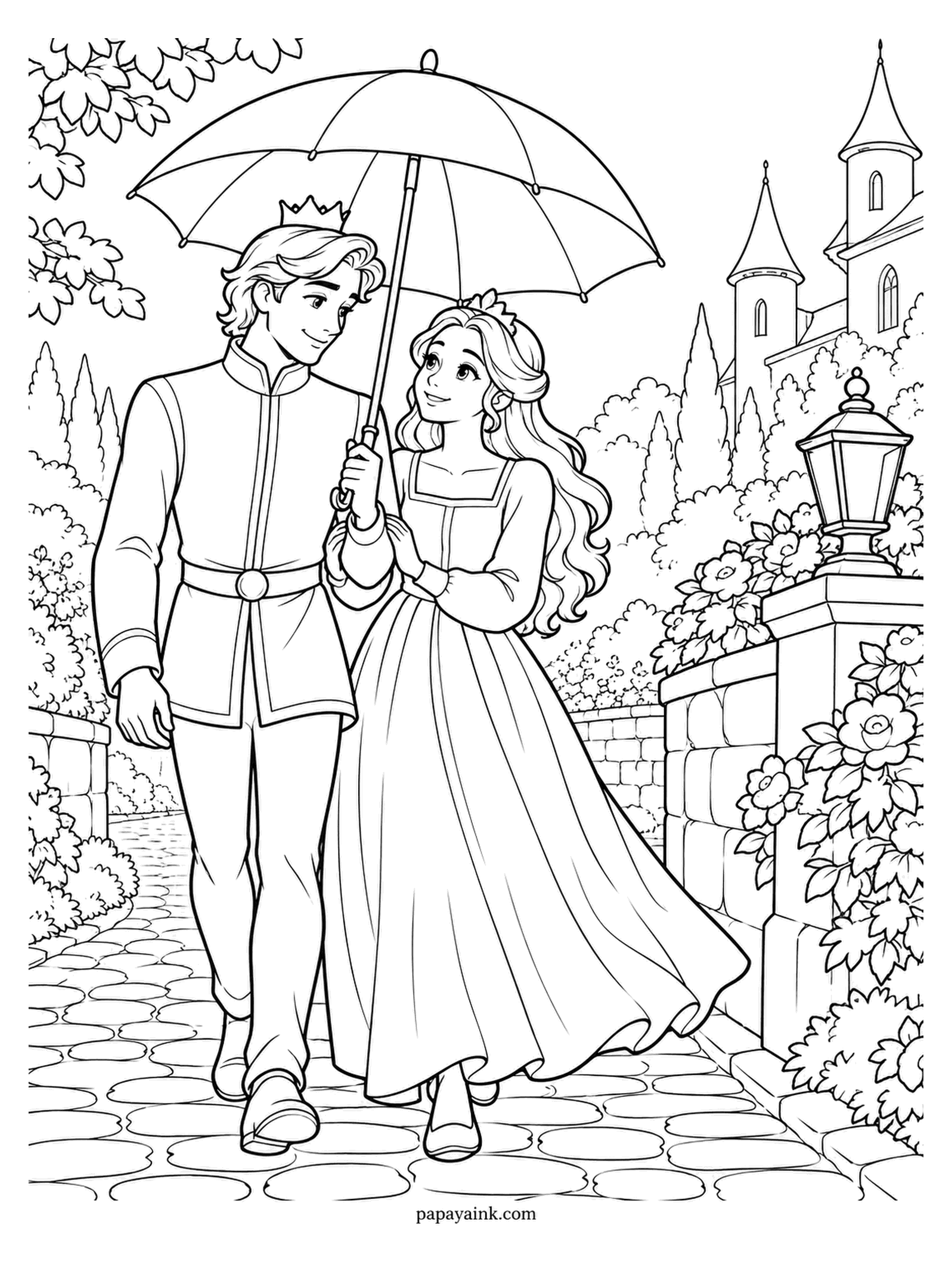 Love Coloring Pages - Not a cloud in sight, and the prince still insists on the umbrella - tilted, naturally, to cover her. They stroll a cobbled lane past a lantern, turrets rising above the trees. The full skirt is an easy open shape.