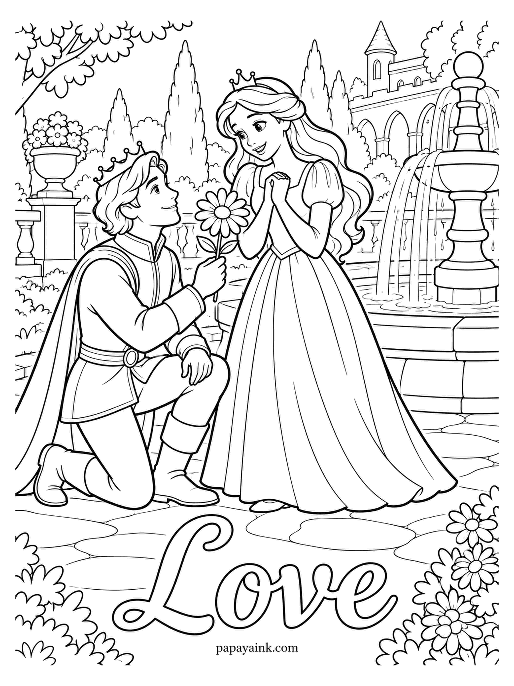 Love Coloring Pages - Down on one knee by the fountain, the prince offers exactly one daisy, and judging by her clasped hands it was the right number. A flowing script Love fills the paving at their feet. A deep color on the cape lets the pale gown glow.
