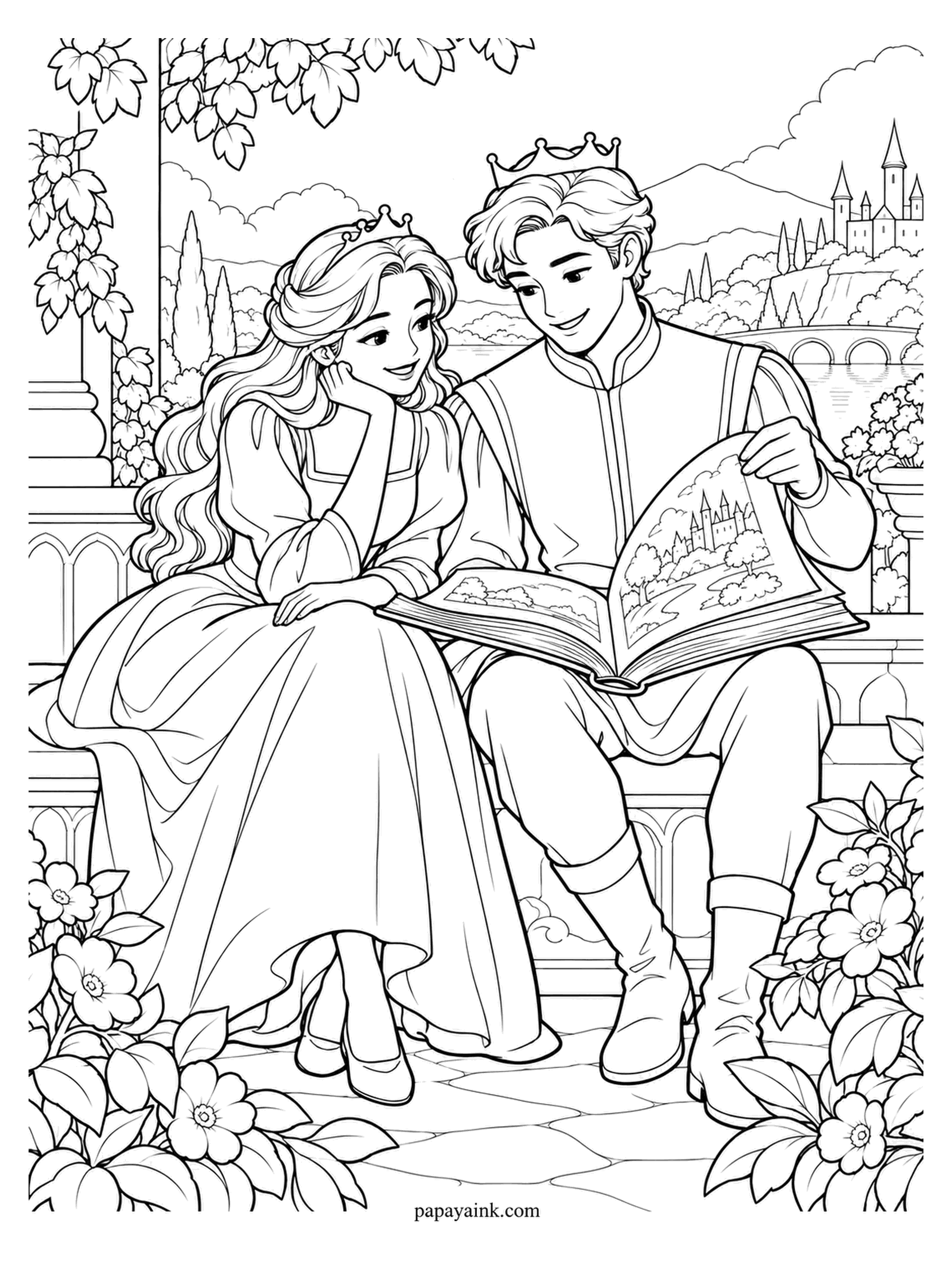 Love Coloring Pages - Story time on a garden bench: the prince turns the pages of an oversized picture book while the princess, chin in hand, listens. The castle in the book also stands on the hill beyond. Detailed - blossoms crowd around the seat.