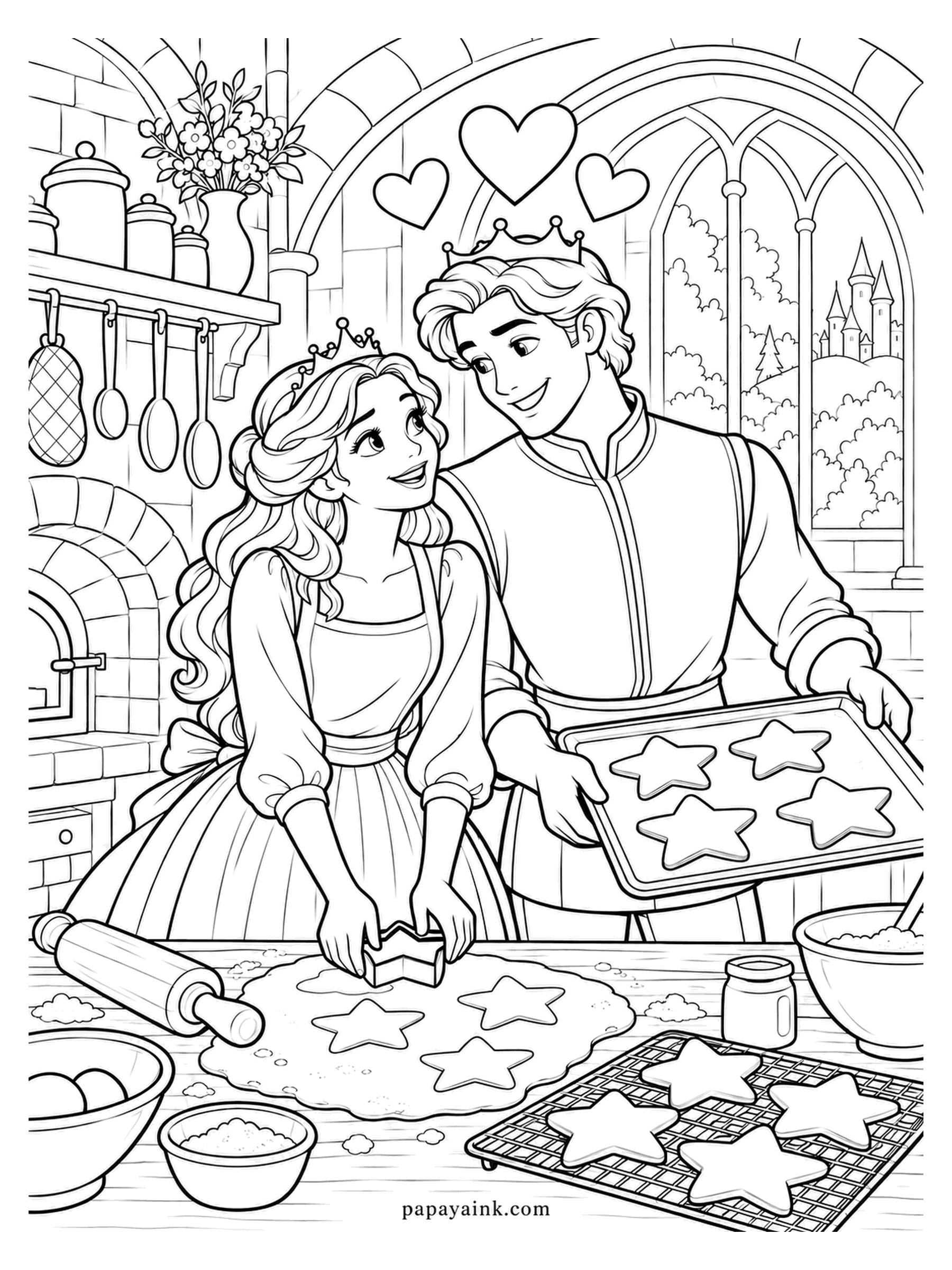 Love Coloring Pages - Star biscuits in a palace kitchen, cut by the princess and carried to the oven by the prince. The castle sits in the arched window at their backs, and three hearts hover near the pot rack. Brown for the oven keeps the stars pale.
