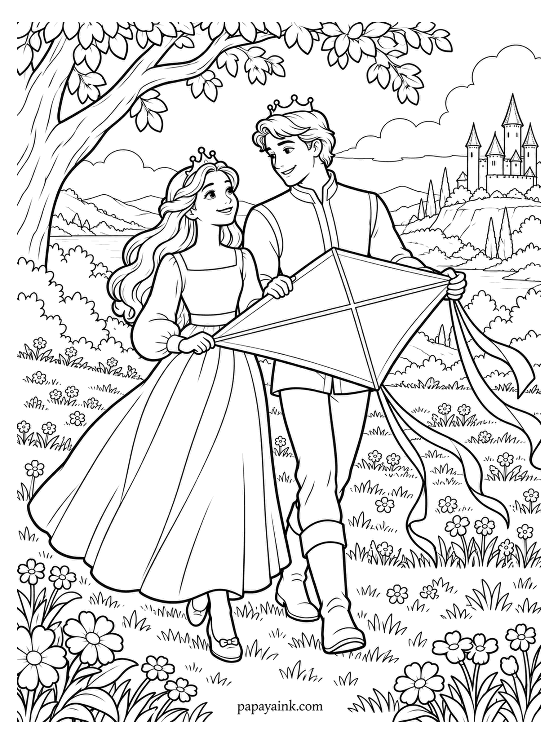 Love Coloring Pages - Kite day, and the wind has not turned up yet, so the prince and princess carry the diamond kite across the meadow between them, ribbons trailing. The castle watches from its hill. Bright ribbons against pale grass work best.