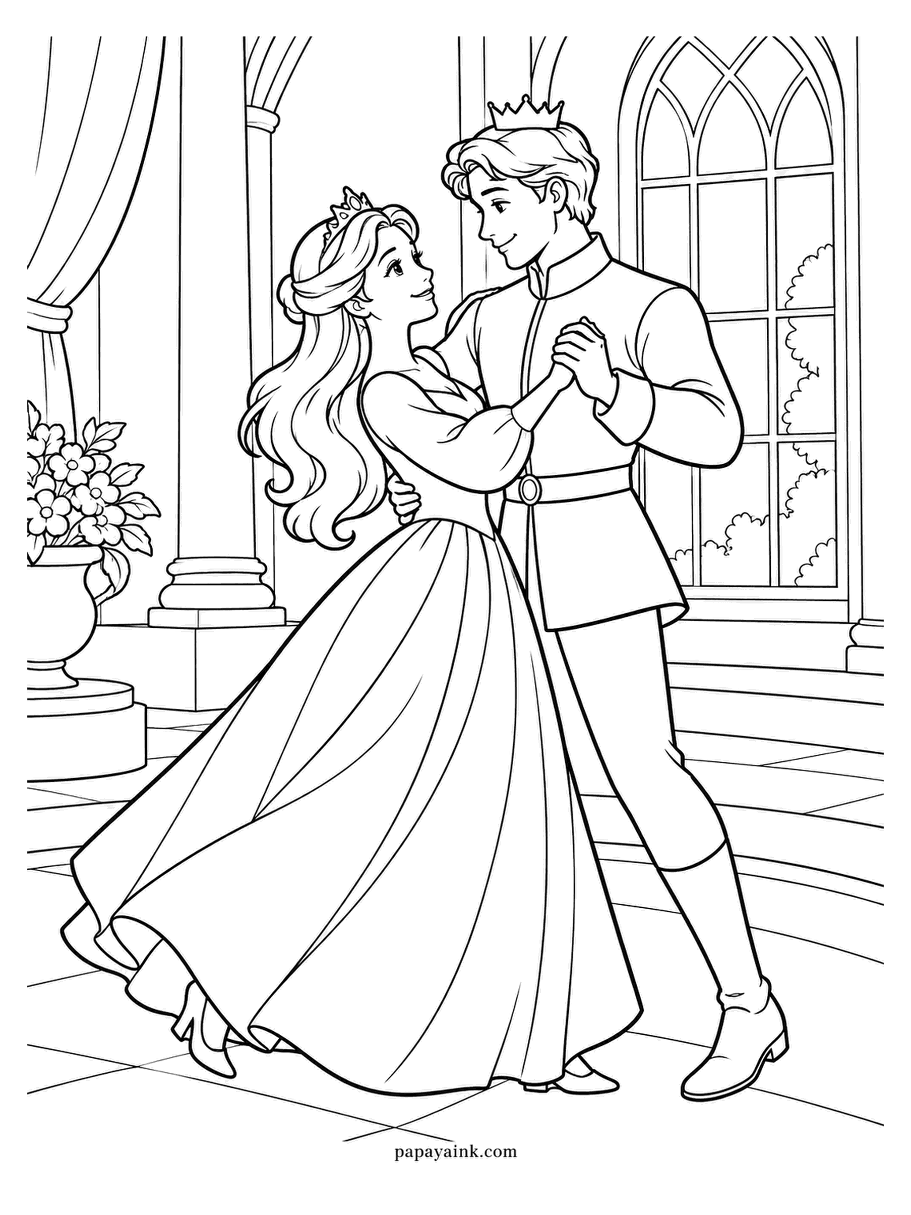 Love Coloring Pages - A slow dance in an empty hall, one tall arched window and long curtains drawn aside. Her skirt swings wide on the turn. Leave the floor pale and let the gown and the curtains carry the color.