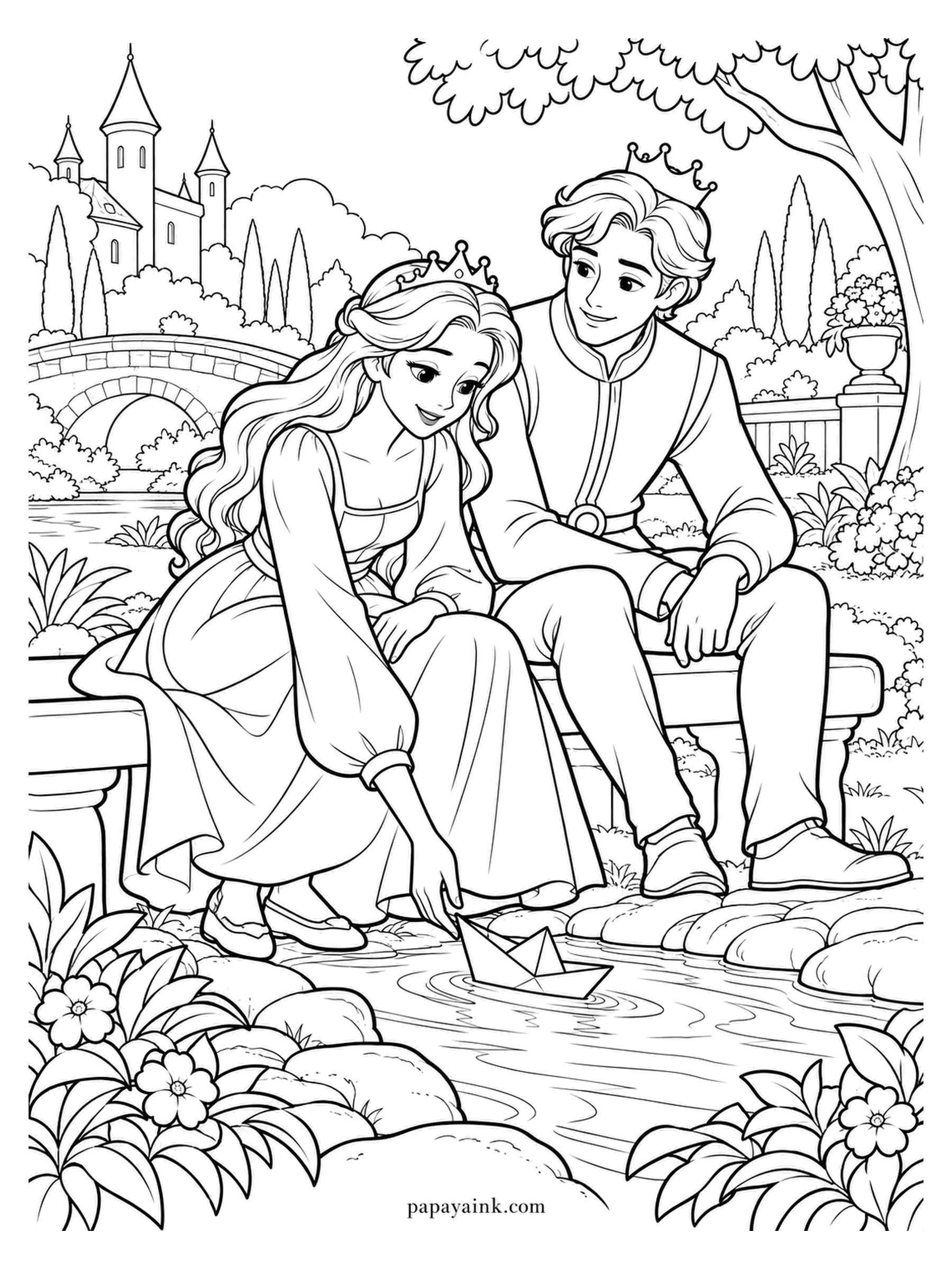 Love Coloring Pages - Paper-boat launch from the garden seat: the princess sets it on the water, the prince leans in to watch it go. A stone bridge and the castle wait behind them. Leave the rill light and the folded boat plain.
