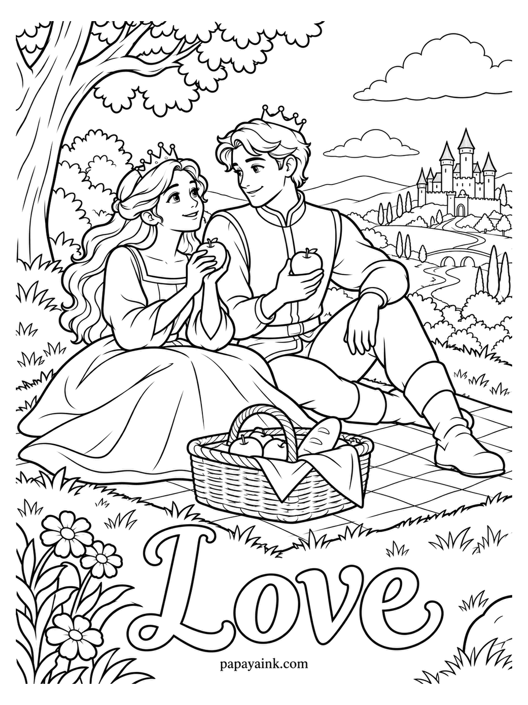 Love Coloring Pages - A picnic on the hill above a very small castle, one apple each, basket between them. The lettering Love is set into the grass near the bottom edge. Soft greens for the valley, something brighter for the dress.