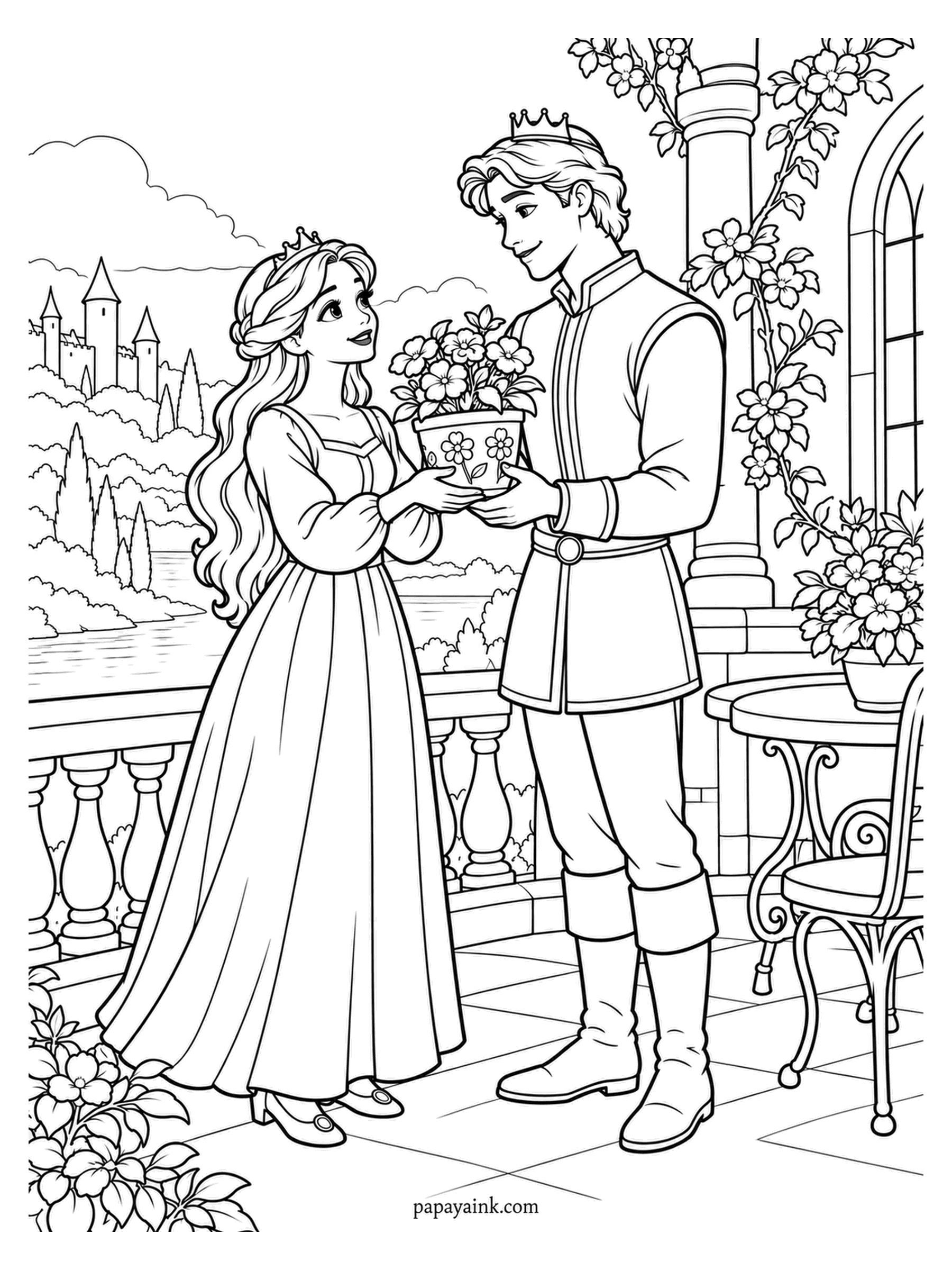 Love Coloring Pages - A hand-painted flowerpot, offered on the balcony with both hands, and the prince accepts it as if it were the crown jewels. Climbing blossoms and a small cafe table fill the corner. Paint the tiny flowers on the pot first.