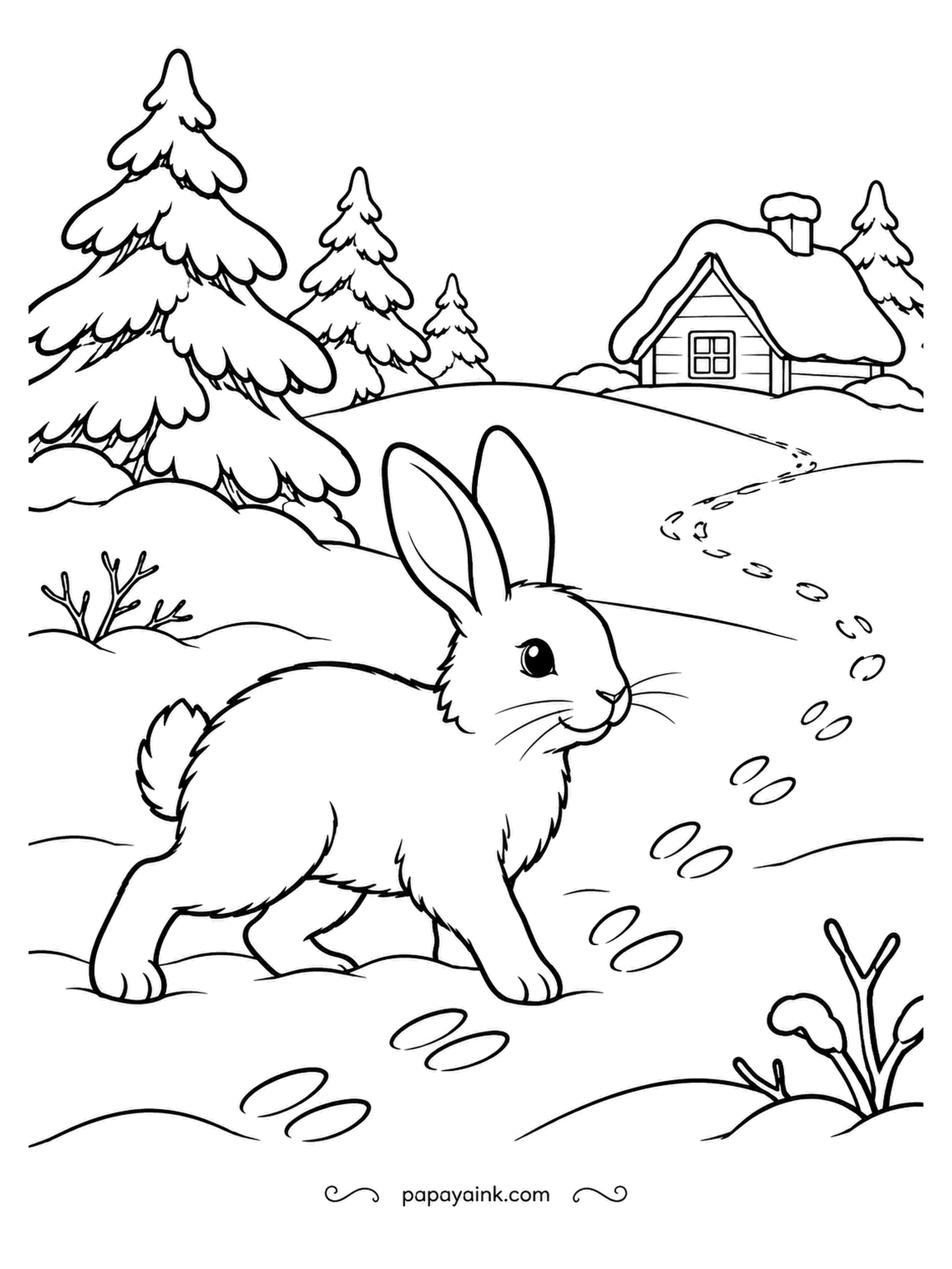 December Coloring Pages - Cottontail rabbit, mid-hop, with the winding line of tracks it has just made across a fresh field and a cabin on the hill beyond. Rabbit tracks show the two long hind prints ahead of the small front ones. Pale blue inside the prints.