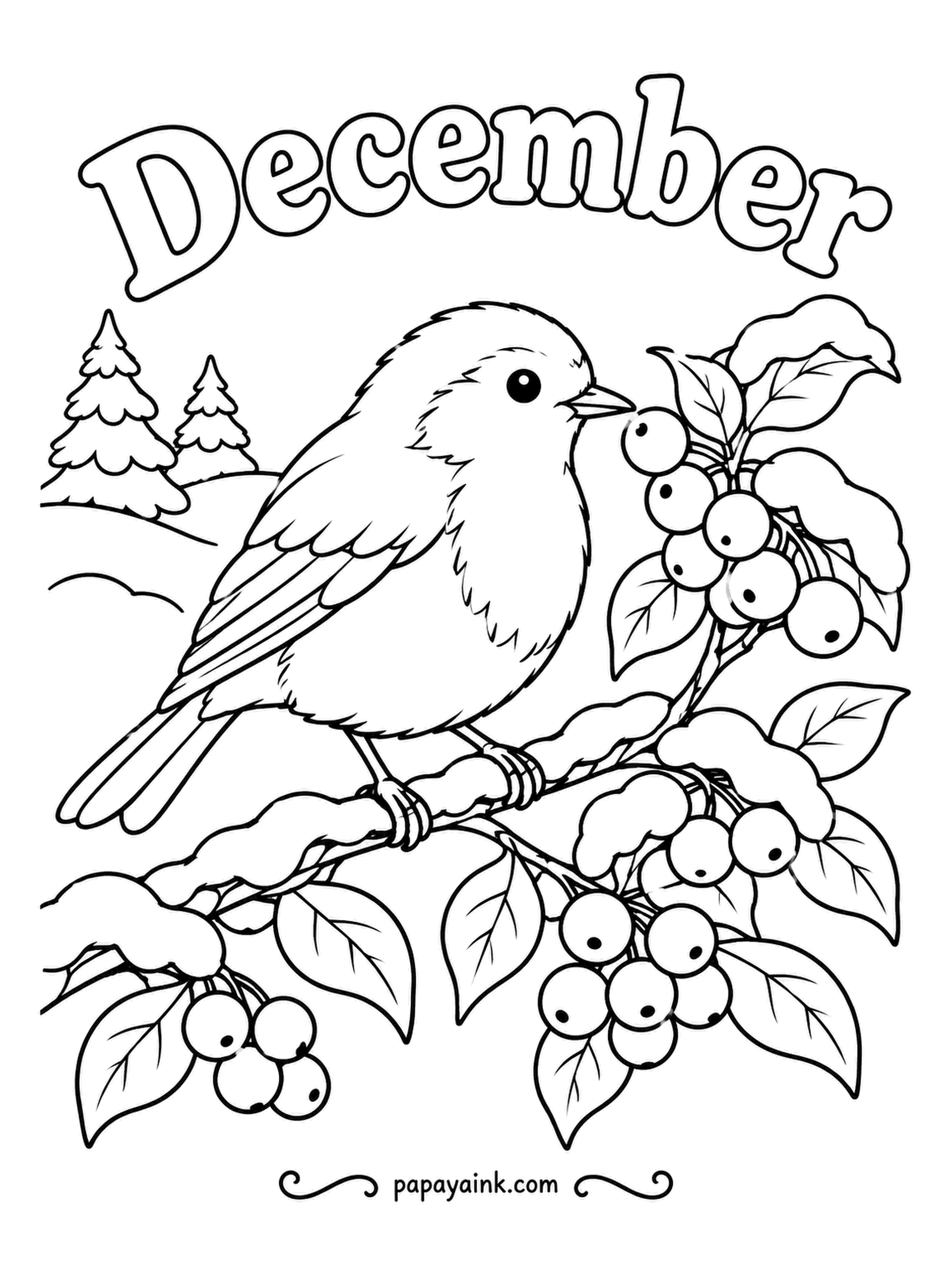 December Coloring Pages - European robin, round as a tennis ball against the cold, reaching for a berry on a snow-dusted bush under the word December. Orange-red face and breast, olive brown back, white belly. The berries want a glossy red.