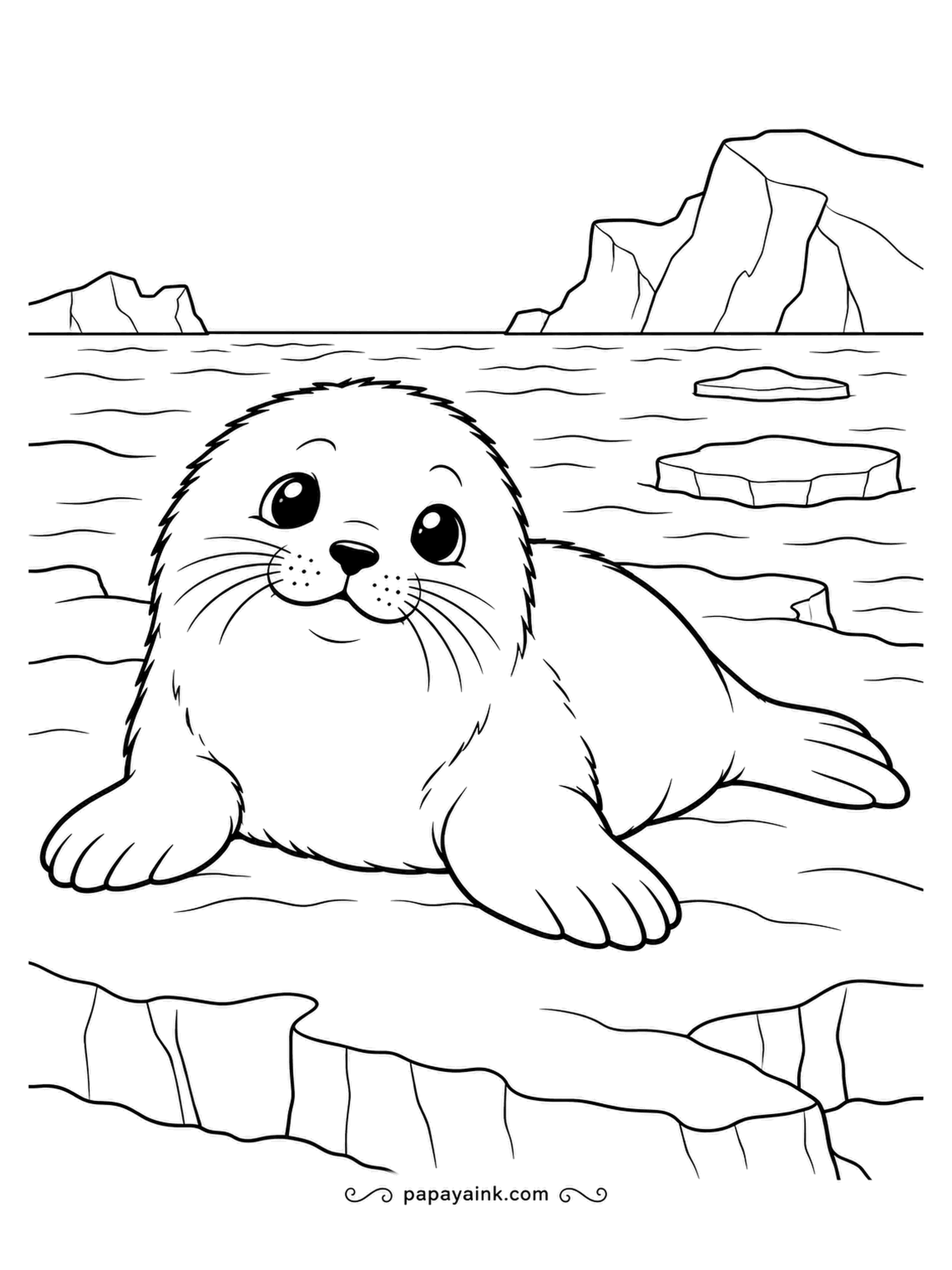 December Coloring Pages - Harp seal pups are born this white and fluffy; this one rests on coastal ice with open sea and drifting floes beyond. The coat goes in a few weeks. Barely shade the fur, give the sea a deep blue, and let the pup glow.