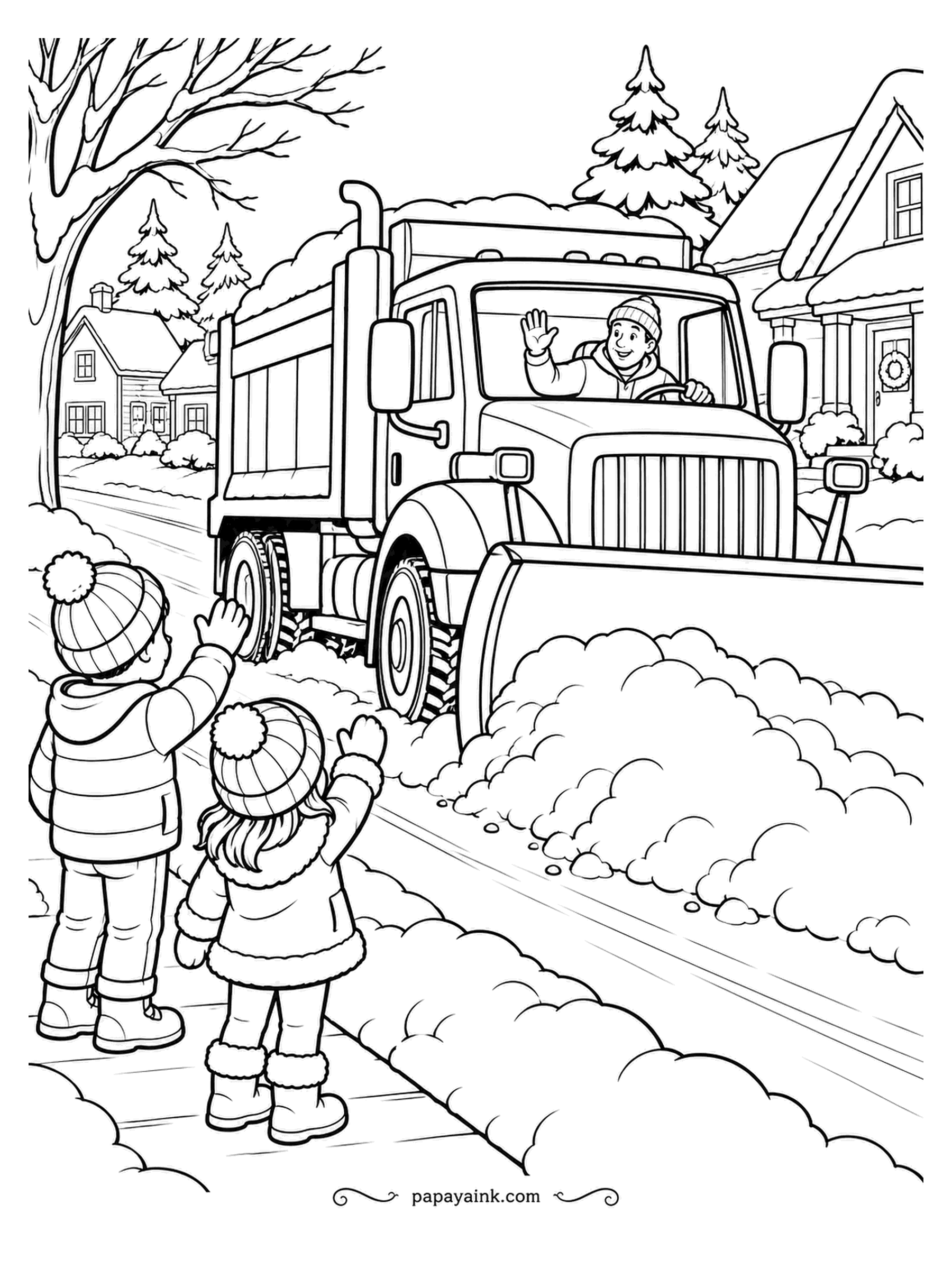 December Coloring Pages - The snowplow is the celebrity of a snowy street. The driver waves, the children wave back, and a fresh wall of snow curls off the blade onto the curb. Paint the truck a bold color and leave the thrown snow as bare paper.