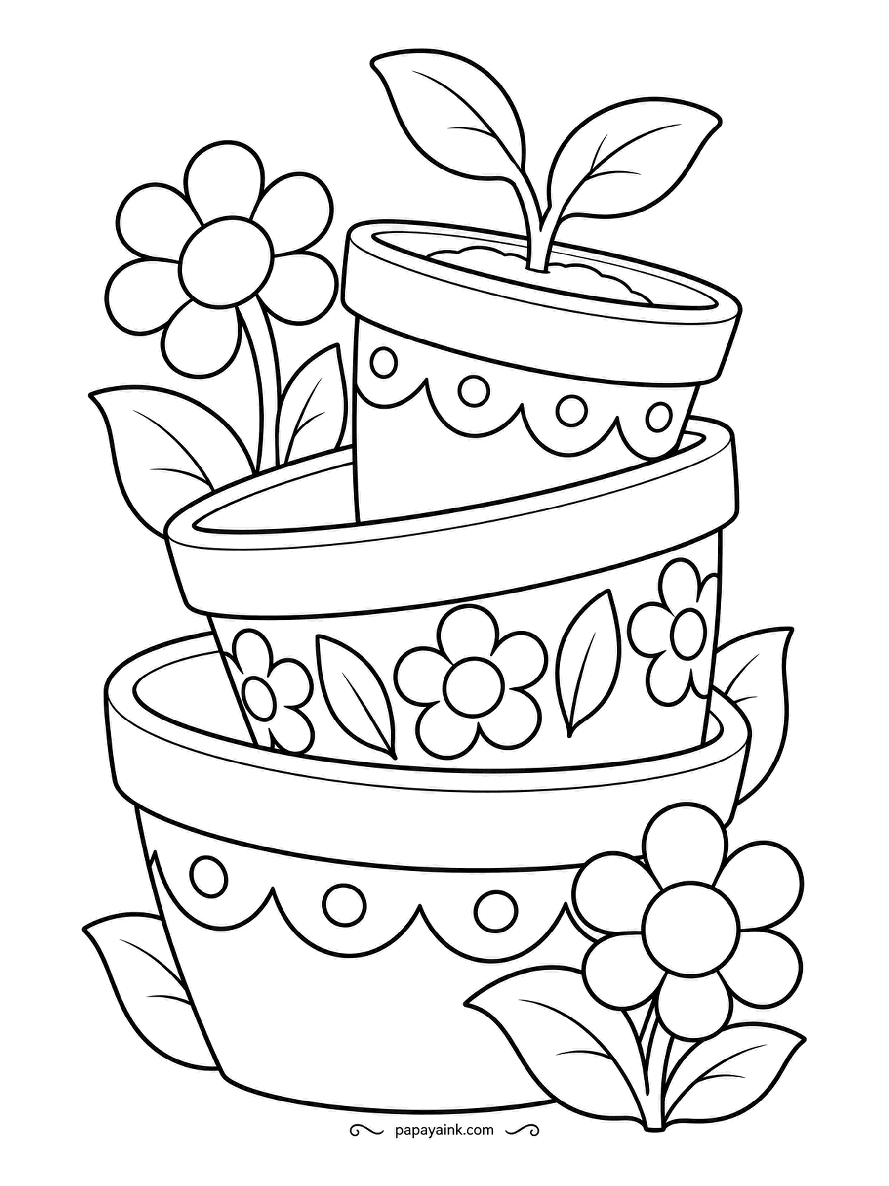 Garden Coloring Pages - Three terracotta pots stacked at a tilt, each one patterned differently - scallops, dots, little flowers - with a seedling sprouting from the top one. Terracotta is orange-brown, but these pots are clearly painted, so treat each band as a separate decision.