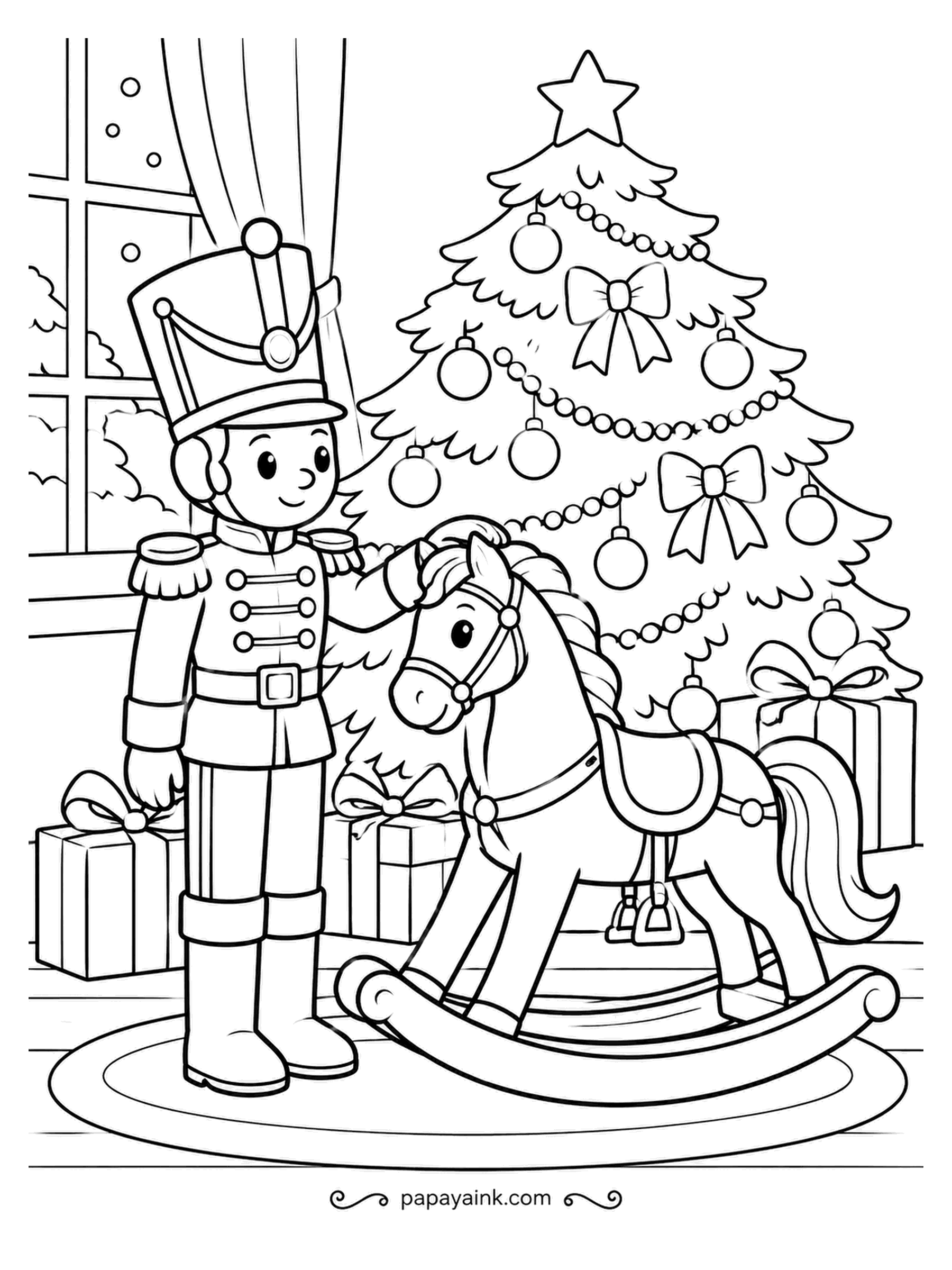 December Coloring Pages - A toy soldier in a tall hat rests one hand on a rocking horse, both standing guard under a tree hung with baubles and bows. Wrapped boxes wait at their feet. Deep red for the uniform coat, gold for the buttons and braid.