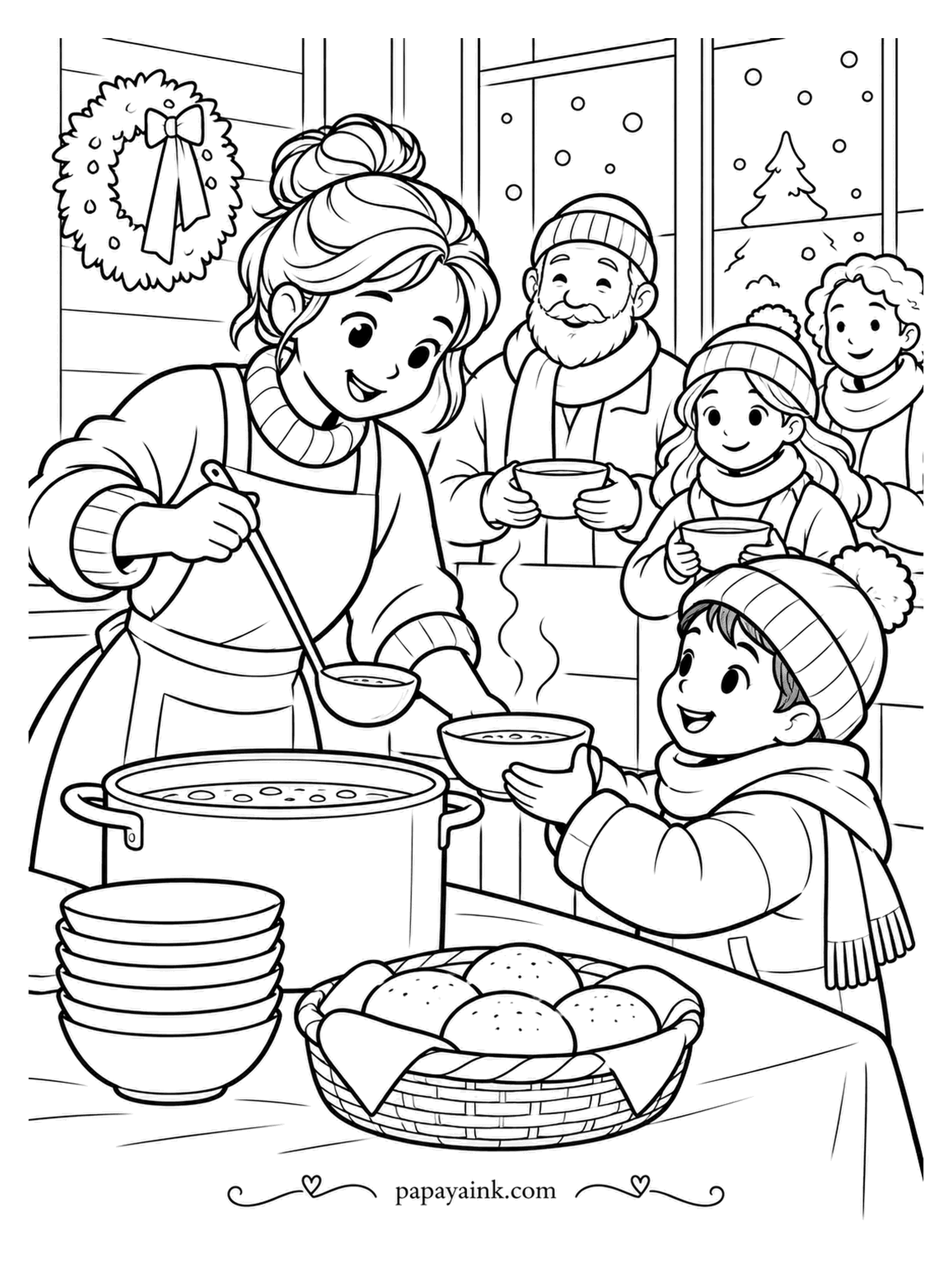 December Coloring Pages - Soup night at the neighborhood hall means a pot the size of a washtub, a stack of bowls, a basket of rolls and a line of neighbors waiting their turn. Steam rises from every bowl. Earthy orange for the soup, honey wood for the room.