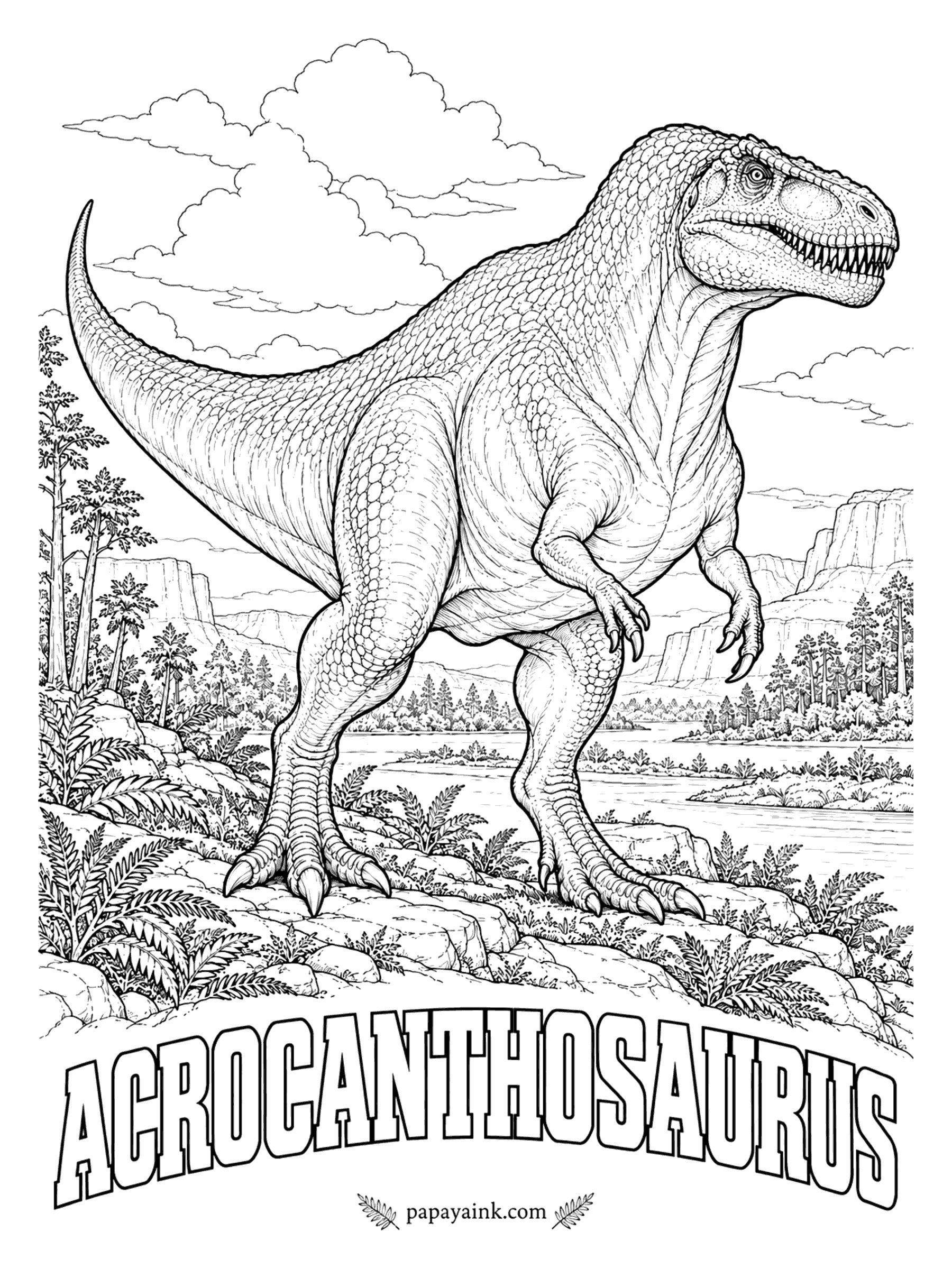 Free Printable Dinosaur Coloring Pages - Tall spines along the backbone gave this hunter a thick ridge from the neck to the base of the tail. Acrocanthosaurus (ak-roh-KAN-tho-SORE-us, high-spined lizard) was a meat-eater about 38 feet long, and trackways in Texas may record one following a herd of long-necks. Southern United States, about 110 million years ago.