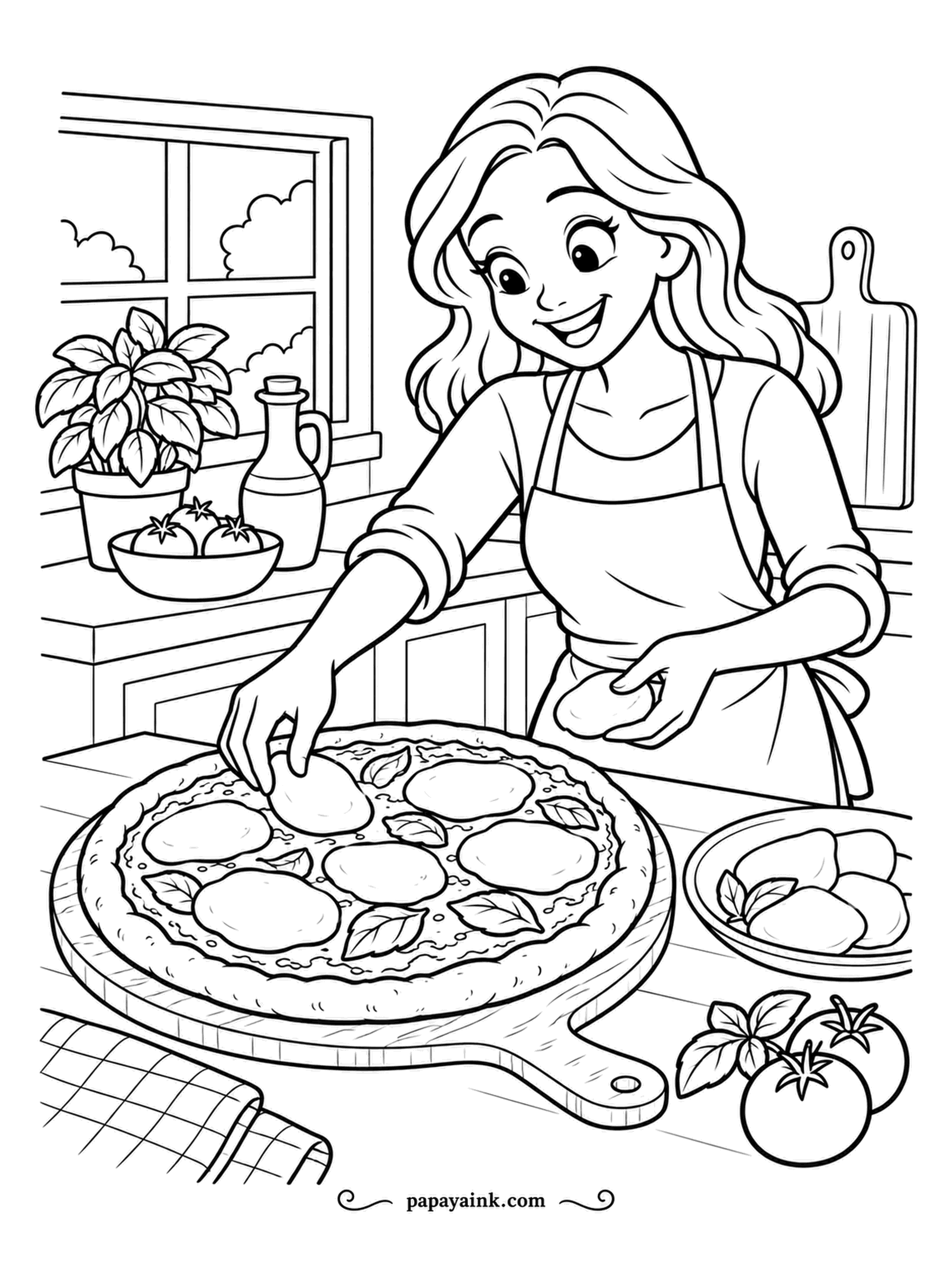 Pizza Coloring Pages - Mozzarella goes on last, one round at a time, and the cook is placing each like a petal between the basil leaves. Potted basil, oil and a bowl of tomatoes sit on the windowsill. Leave the cheese almost white against a warm red sauce.