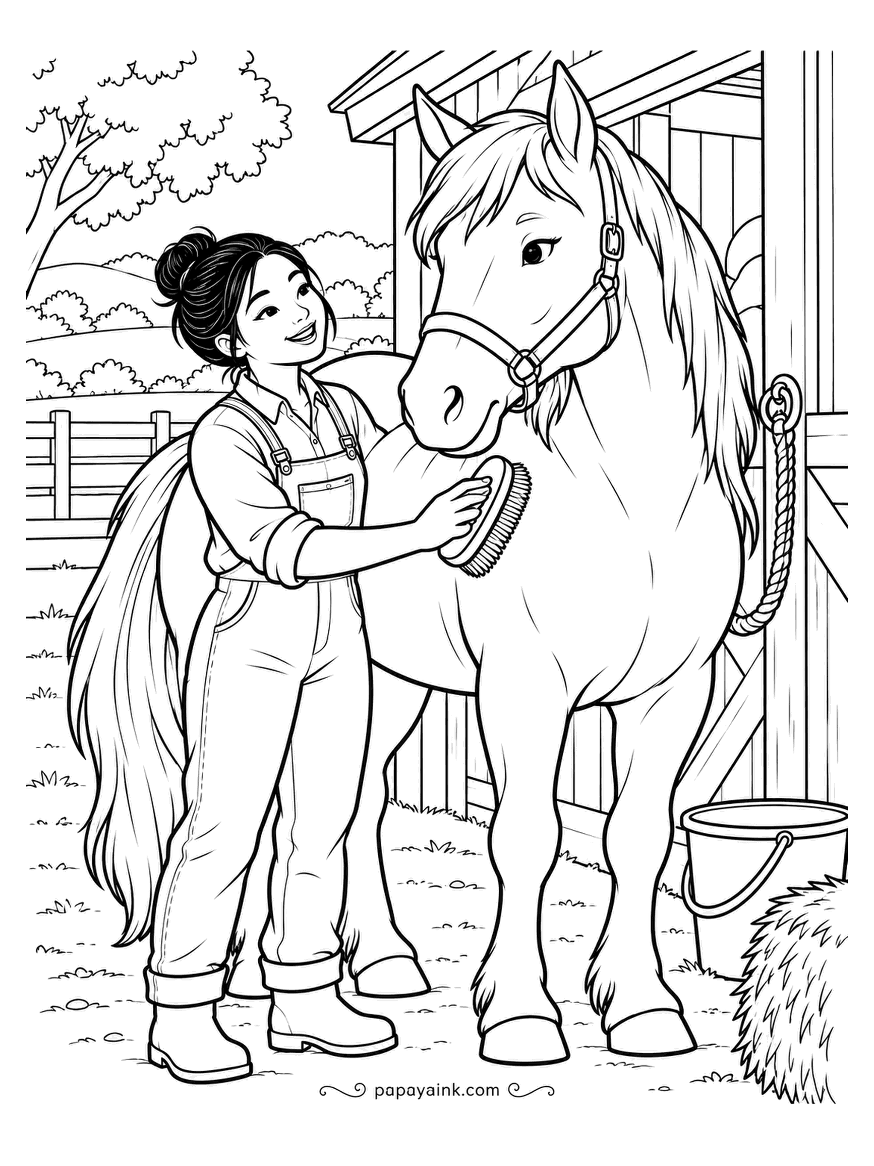 Farm Coloring Pages - A farmer brushing down a horse at the stable door, the lead rope looped on a hook and a bucket waiting for after. The horse is holding perfectly still for this part. Chestnut coat, a lighter mane, and denim for the overalls.