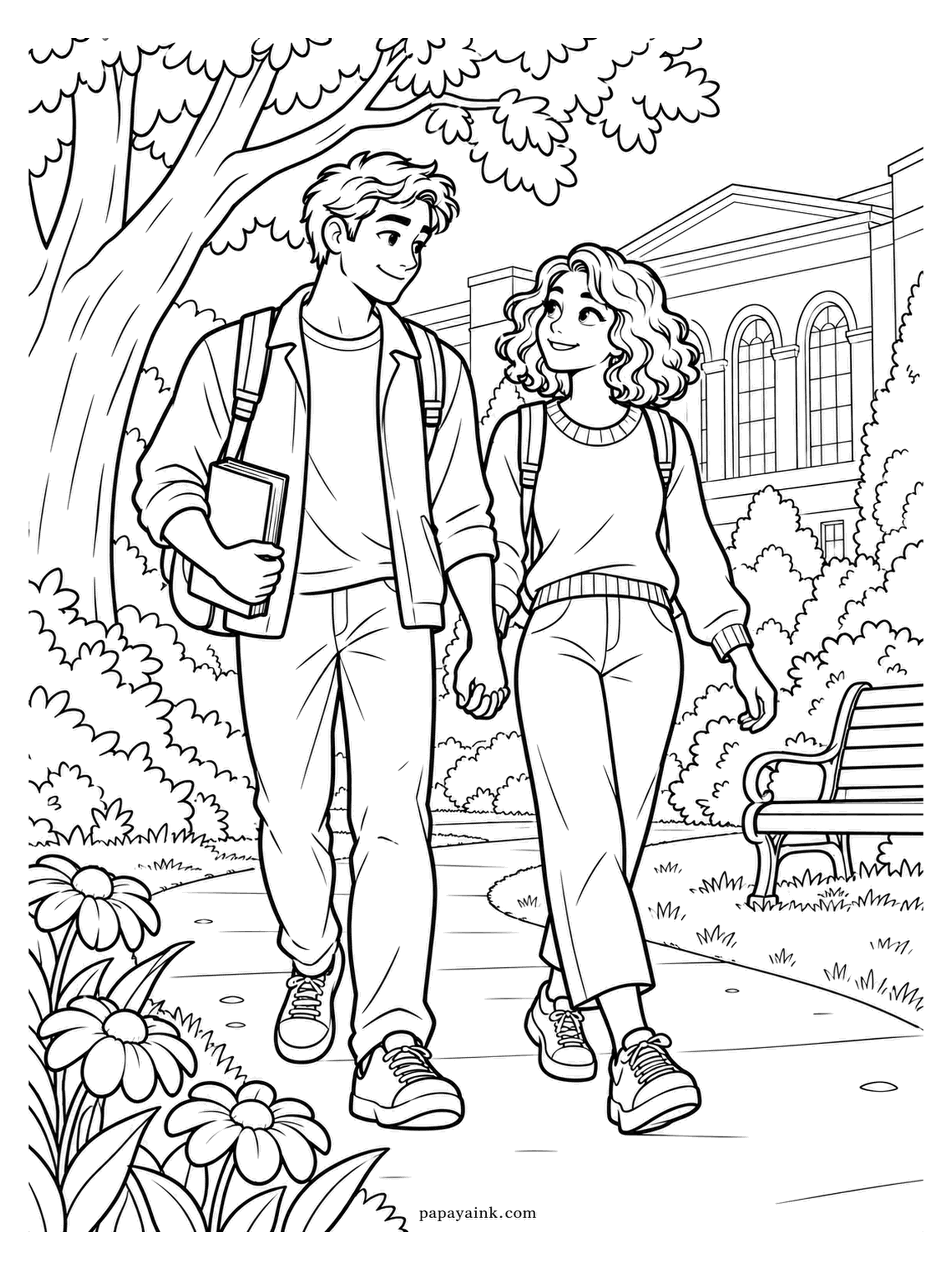 Love Coloring Pages - Books under his arm, a backpack on hers, and hands joined in the middle of the campus path. A long bench and a columned hall close the view. Sneakers in two different colors are allowed here.