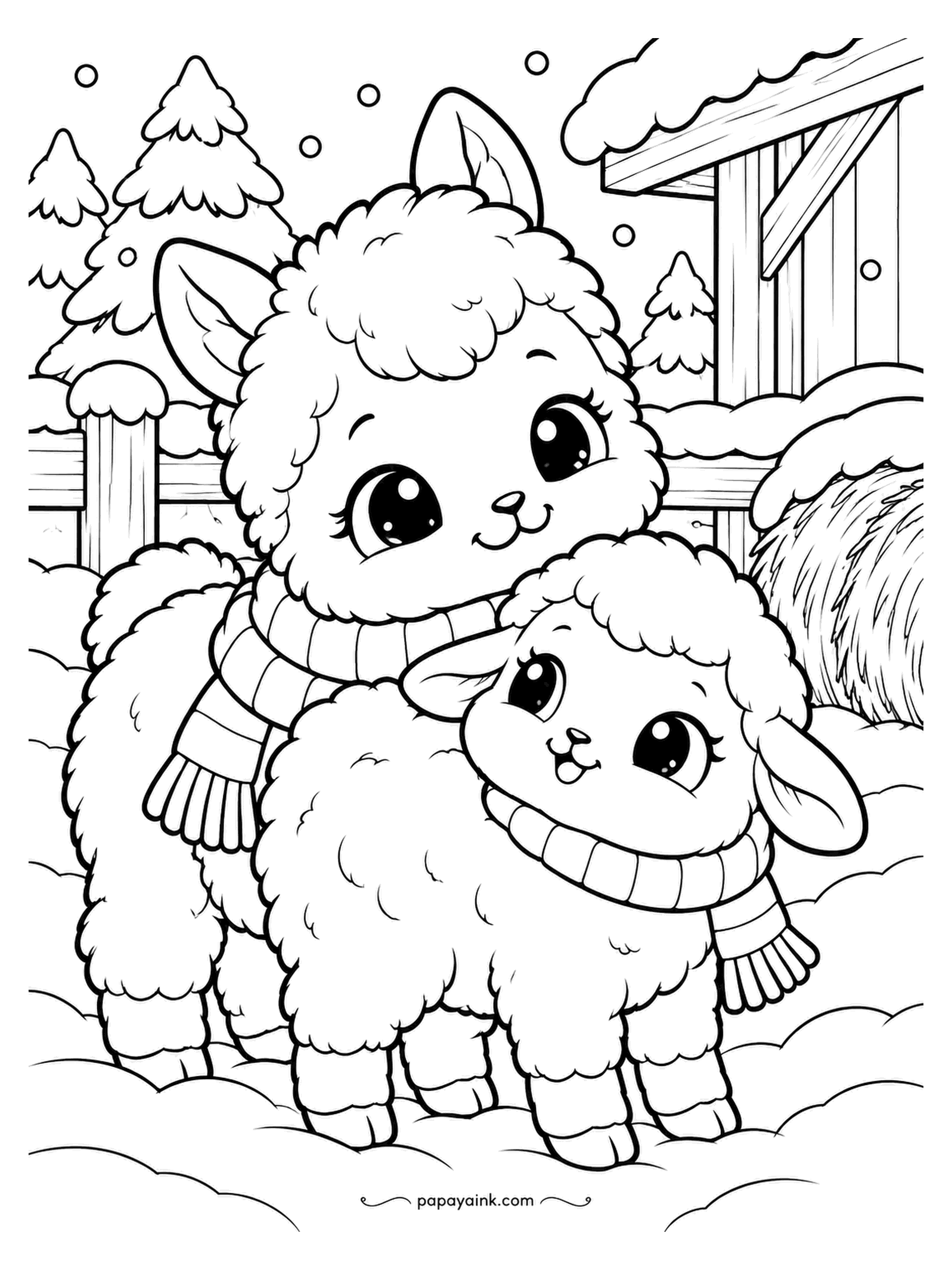 Kawaii Winter Coloring Pages - An alpaca has discovered that a lamb is exactly chin height. The lamb does not mind; the haystack behind them has seen it all before. Cream on both coats, with the alpaca a shade darker so the two stay separate.
