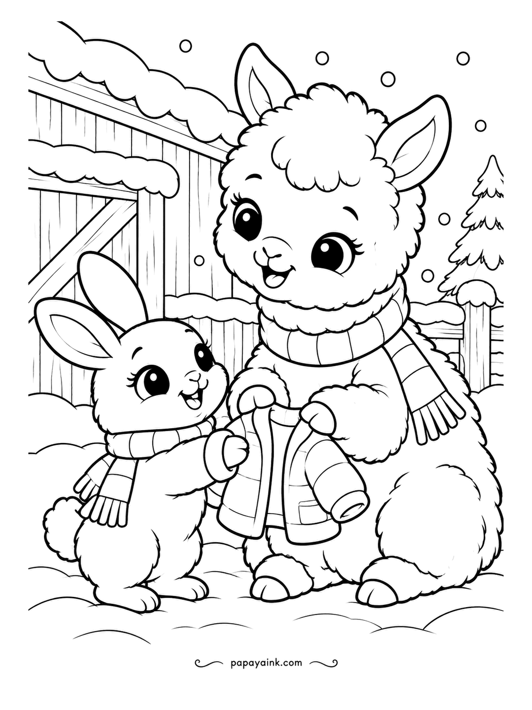Cute Winter Coloring Pages - Coat fitting by the barn: the alpaca in a chunky scarf holds out a small puffer jacket, and the bunny is trying the sleeve first. Snow on the fence and the roof. Cream wool, a colored jacket, gray barn boards.