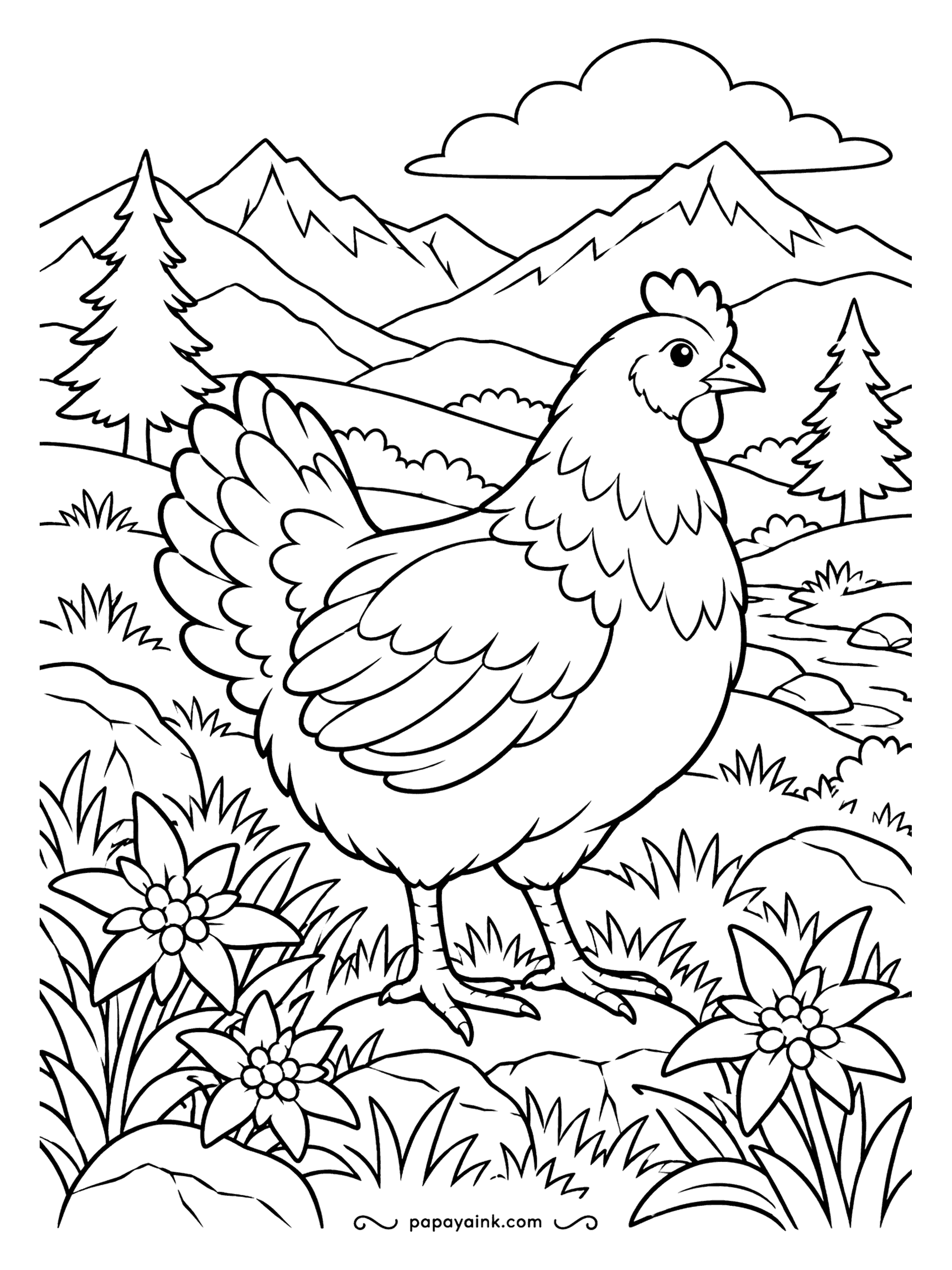 Chicken Coloring Pages - High meadow, pine trees and snowy peaks behind her, edelweiss blooming at her feet. The hen stands in the clean air with her feathers drawn in clear simple rows. Easy to color, with big calm areas of sky and mountain.