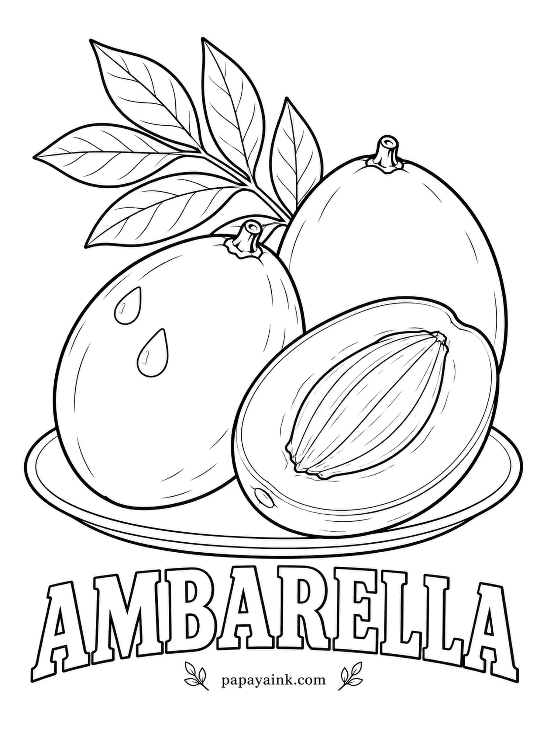 Printable Fruit Coloring Pages - Every ambarella hides a seed bristling with stiff fibers, so the one in the cut half looks ribbed and spiny. Green when crisp and sour, golden yellow when soft and sweet - pick the stage and color the whole plate to match.