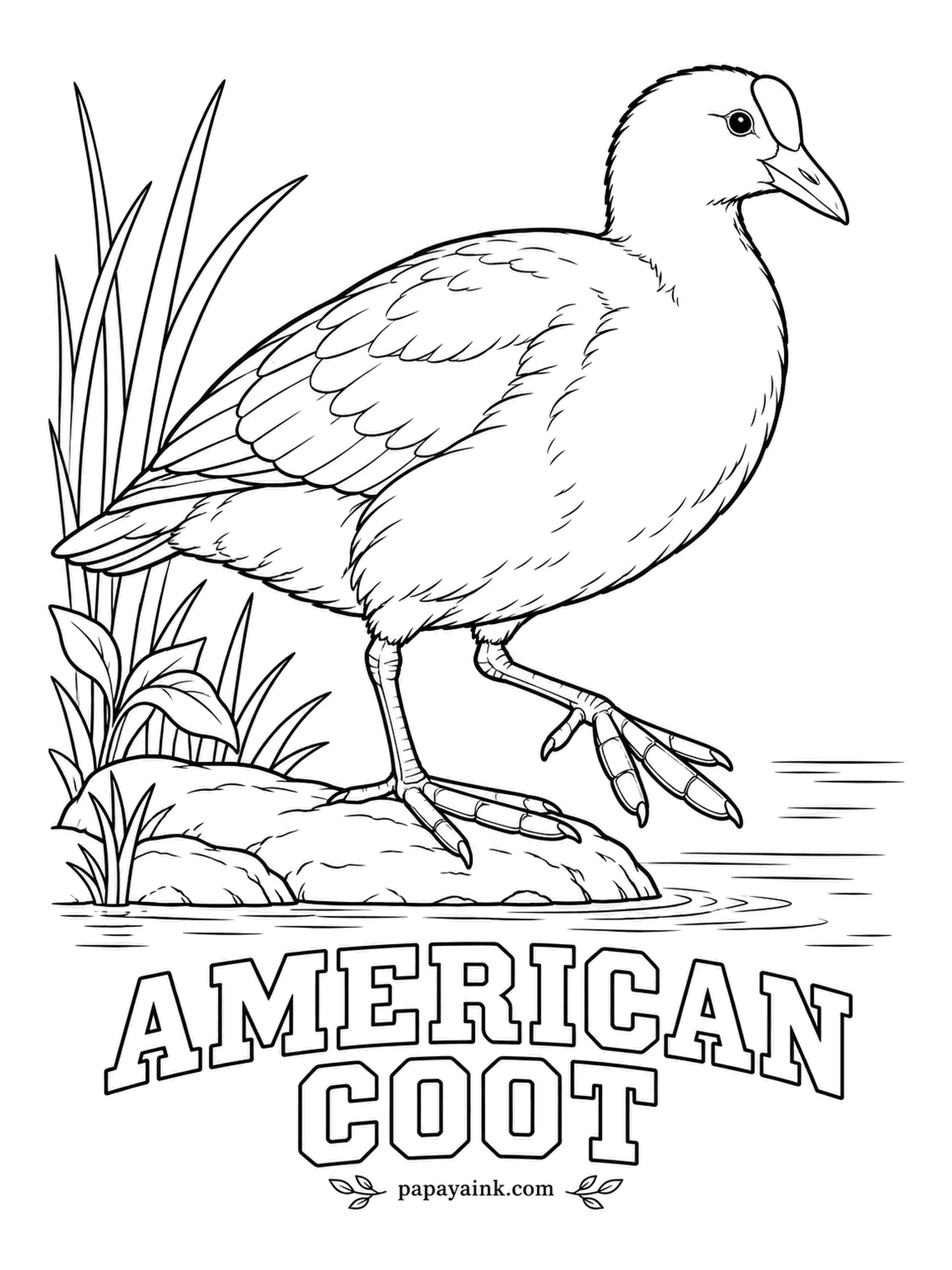 Realistic Bird Coloring Pages - Swims like a duck, dives like a duck, yet the American coot is a rail, and its toes are lobed instead of webbed - look at the feet. Slate black all over, a white bill and a maroon spot above it.