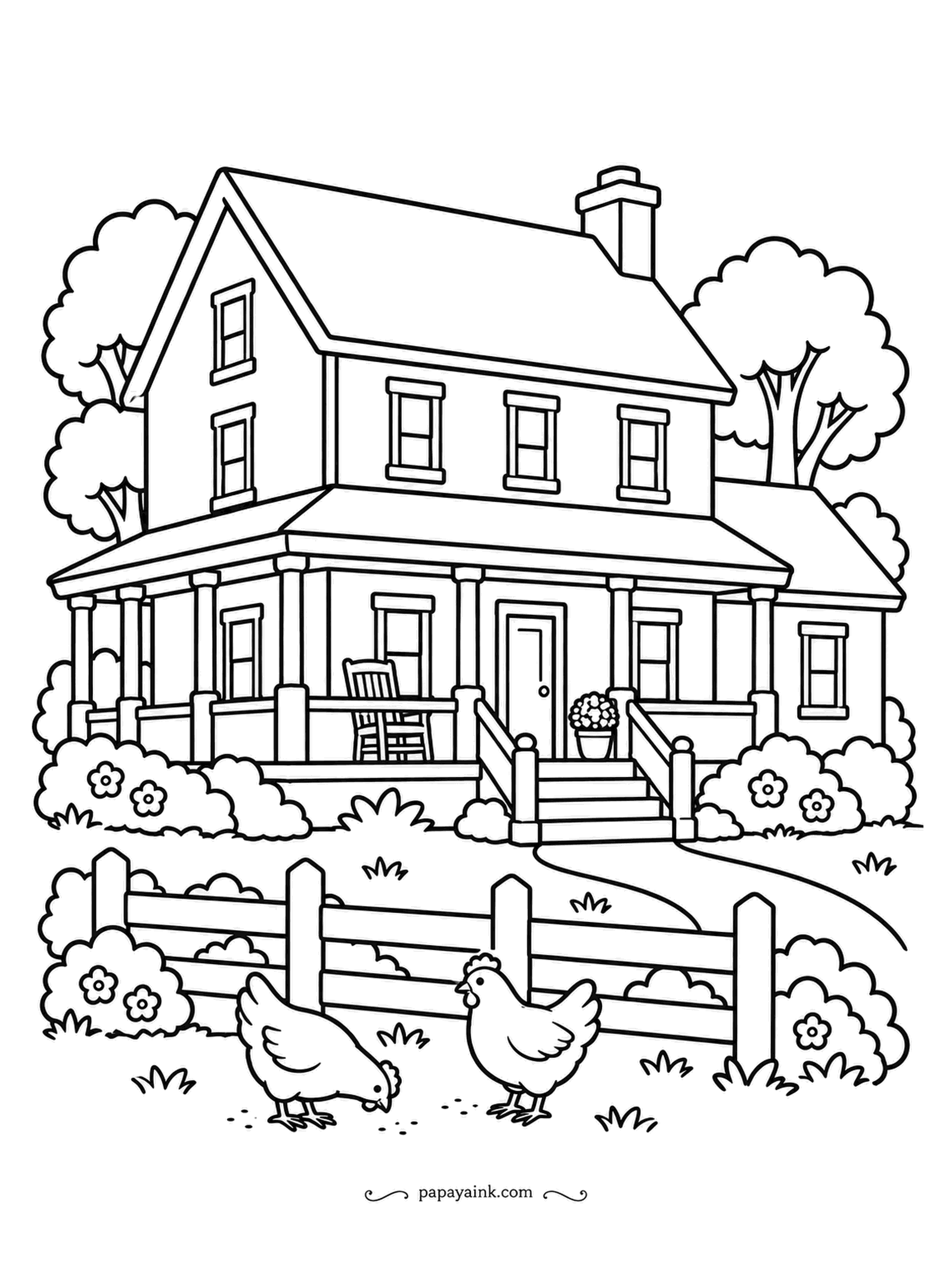 House Coloring Pages - Classic American farmhouse: two stories, a porch wrapped around the corner with rocking chairs on it, a split-rail fence and two hens pecking in the front yard. White walls, dark roof, and a red door if you want the postcard version.