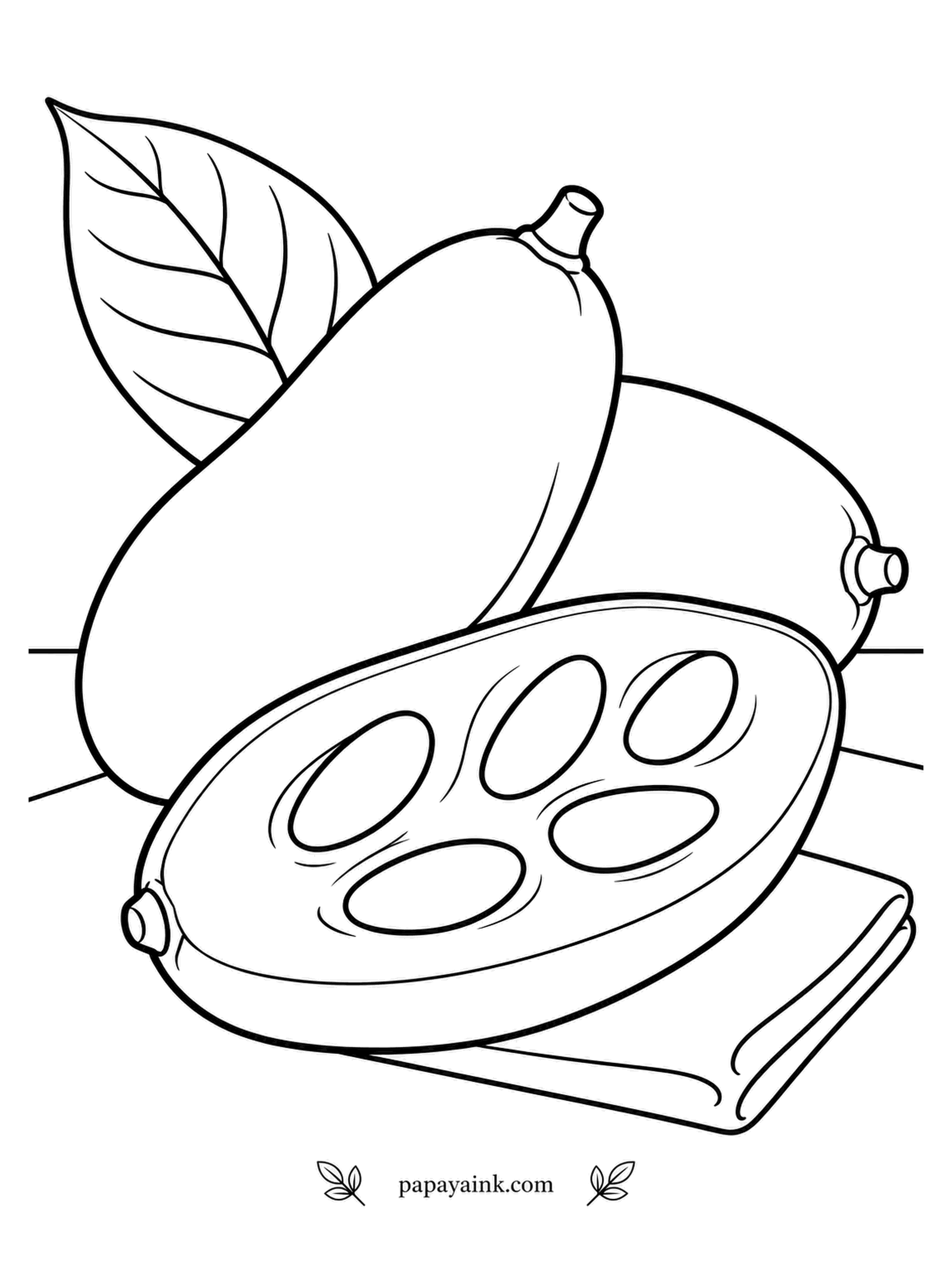 Fruit Coloring Pages - North America's largest native fruit, and almost nobody has tasted one: pawpaws bruise so fast that they rarely reach a store. Inside is custard that tastes of banana and mango. Two whole fruits and a halved one lie on a folded cloth. Green-yellow skin, pale golden flesh, big brown seeds.