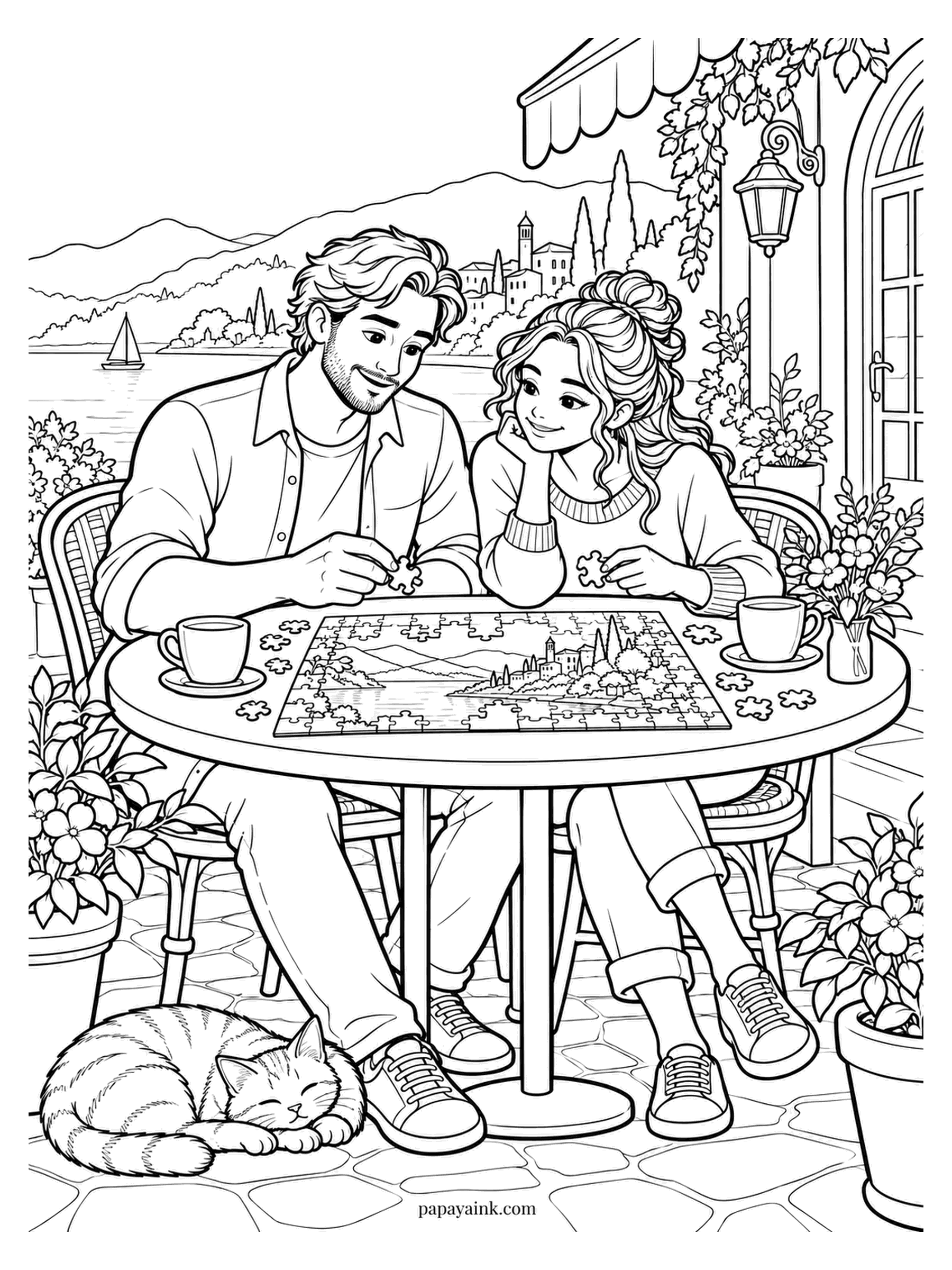 Love Coloring Pages - Jigsaw on a terrace table, half finished, coffee going cold, and a striped cat asleep at his feet. Beyond the railing, a sailboat crosses the water. Color the puzzle picture last, once everything around it is done.