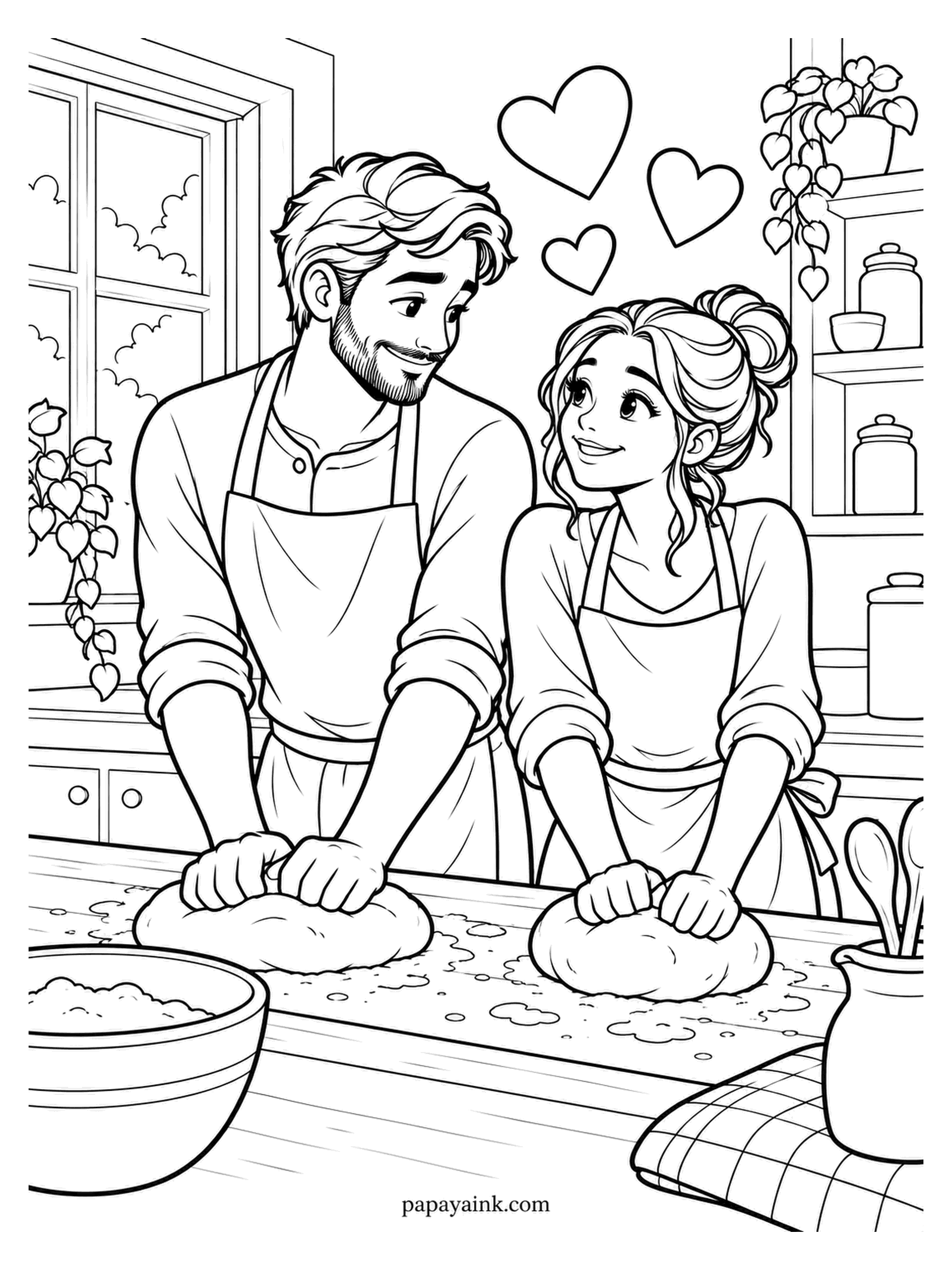 Love Coloring Pages - Kneading two loaves side by side, aprons on, flour everywhere it should not be. The hearts drifting up from the counter suggest they stopped talking about bread a while ago. A creamy beige for the dough, and let the checked towel carry the color.