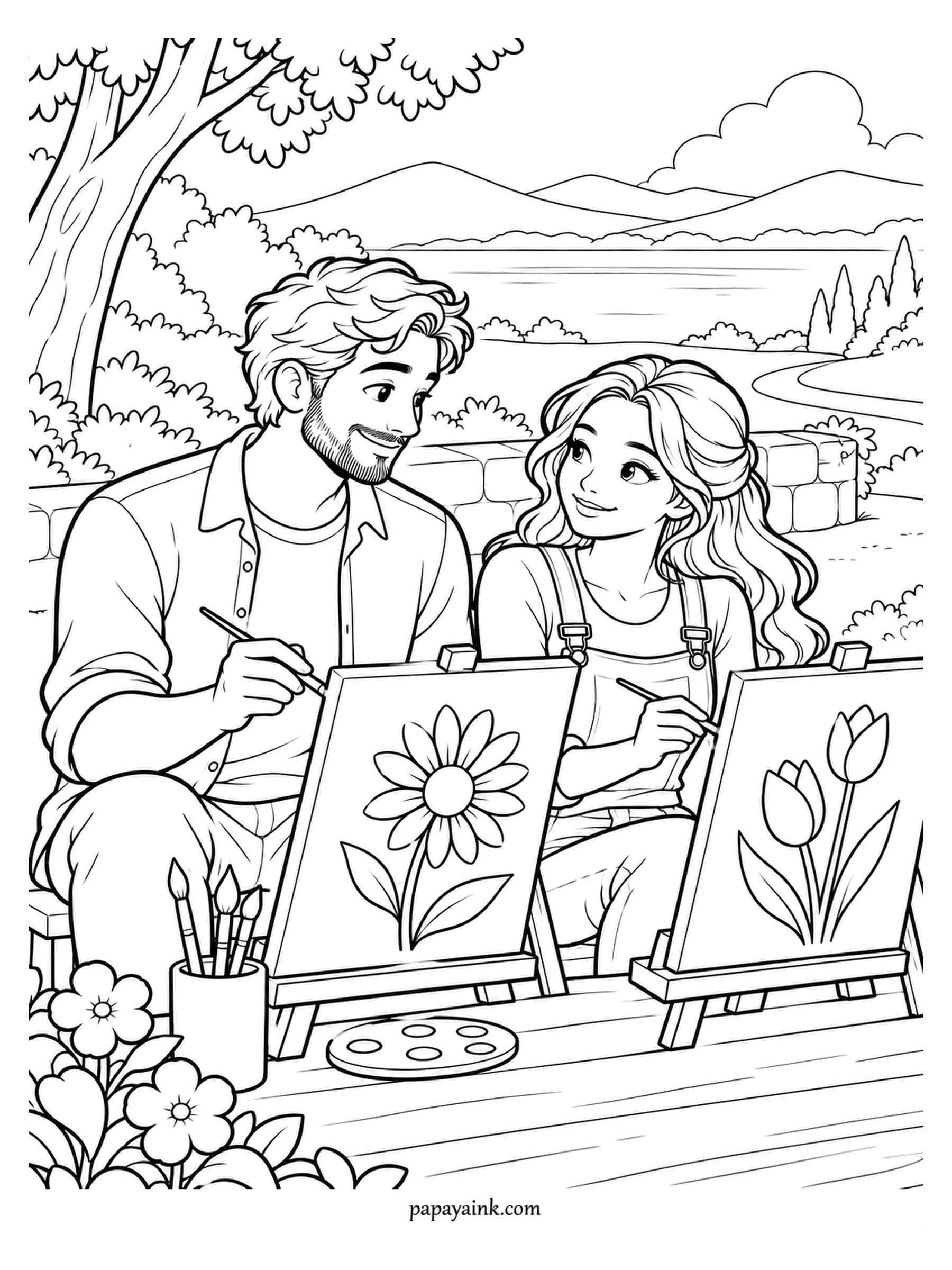 Love Coloring Pages - Painting outdoors by the lake: he works on a daisy, she on tulips, and they keep looking at each other instead of the canvases. Brushes stand in a jar beside the palette. Let the two little paintings be the brightest things here.