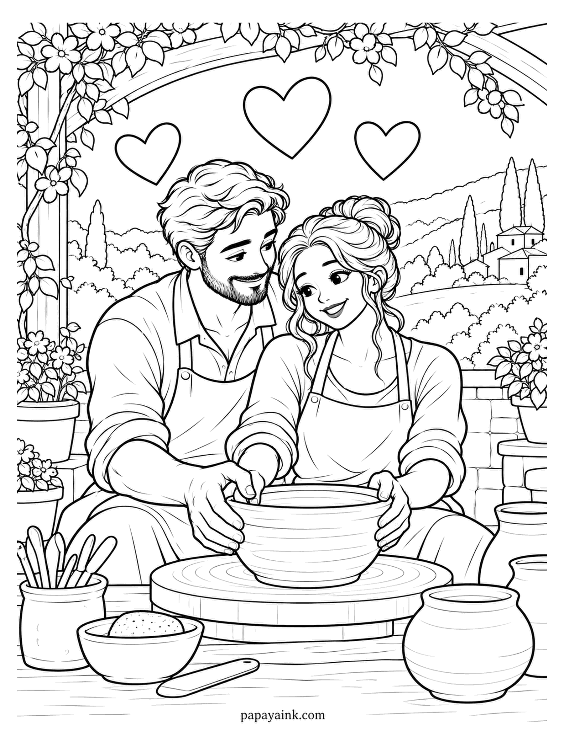Love Coloring Pages - One wide clay bowl, four hands, a wheel that keeps turning under a flowering arbor. Rolling hills and a line of cypress trees fill the far side of the garden. Terracotta for the pots and a cool grey for the wet clay.