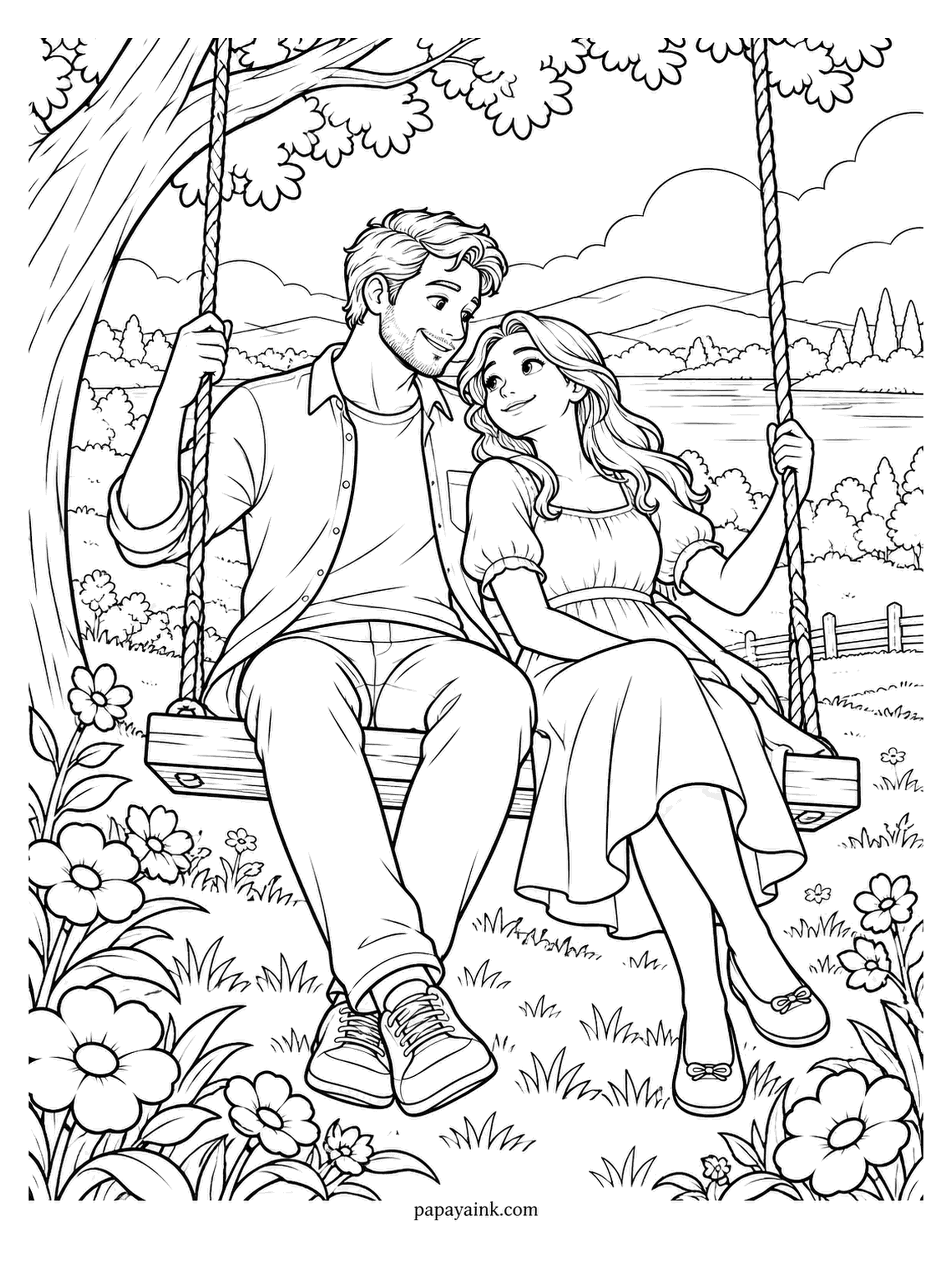 Love Coloring Pages - A wooden swing wide enough for two, hung from one big branch. They sit facing a flowering meadow, her head tilted toward his shoulder. Rope in tan, flowers in whatever is left in the box.