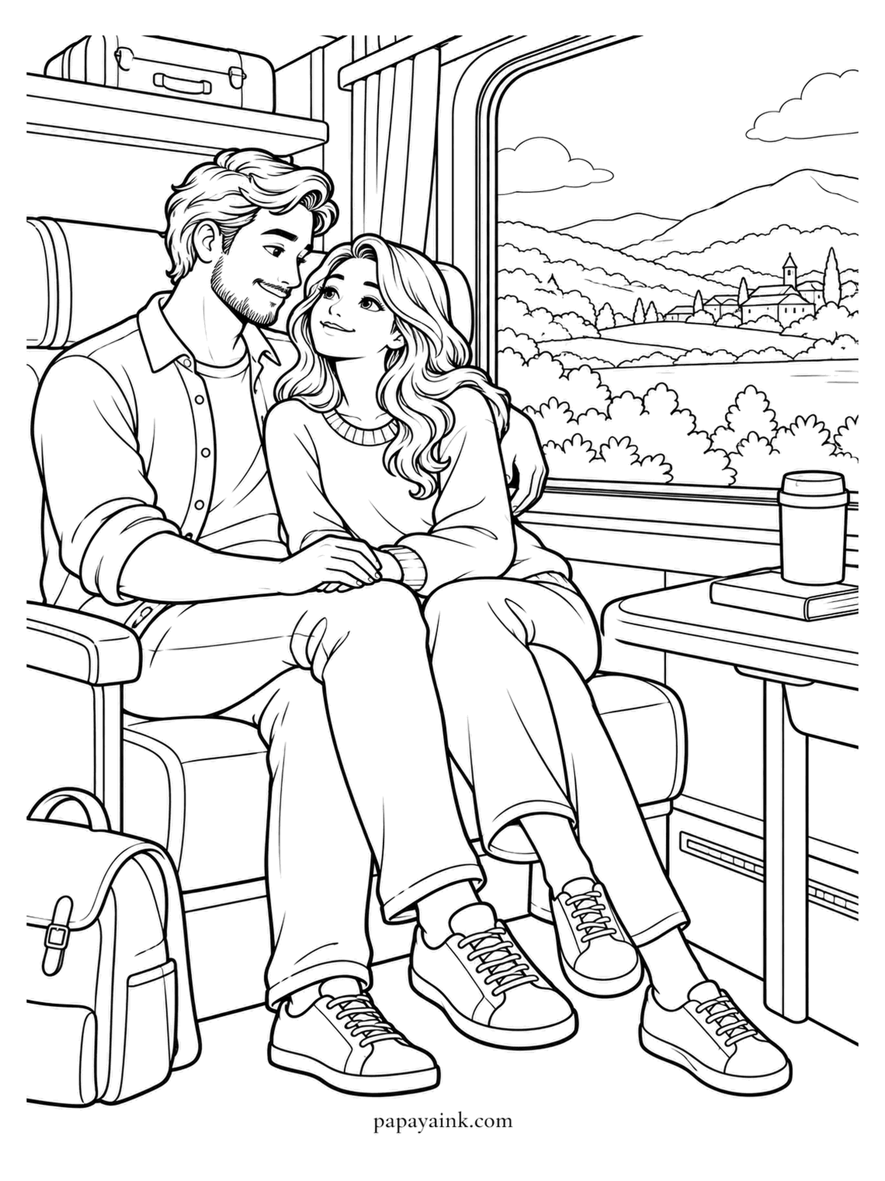 Love Coloring Pages - Window seat for two on a slow train, the pair leaning into each other while hills and a small village slide past the glass. A coffee cup and a book wait on the table, both forgotten. Pale greens outside, warm tones inside.