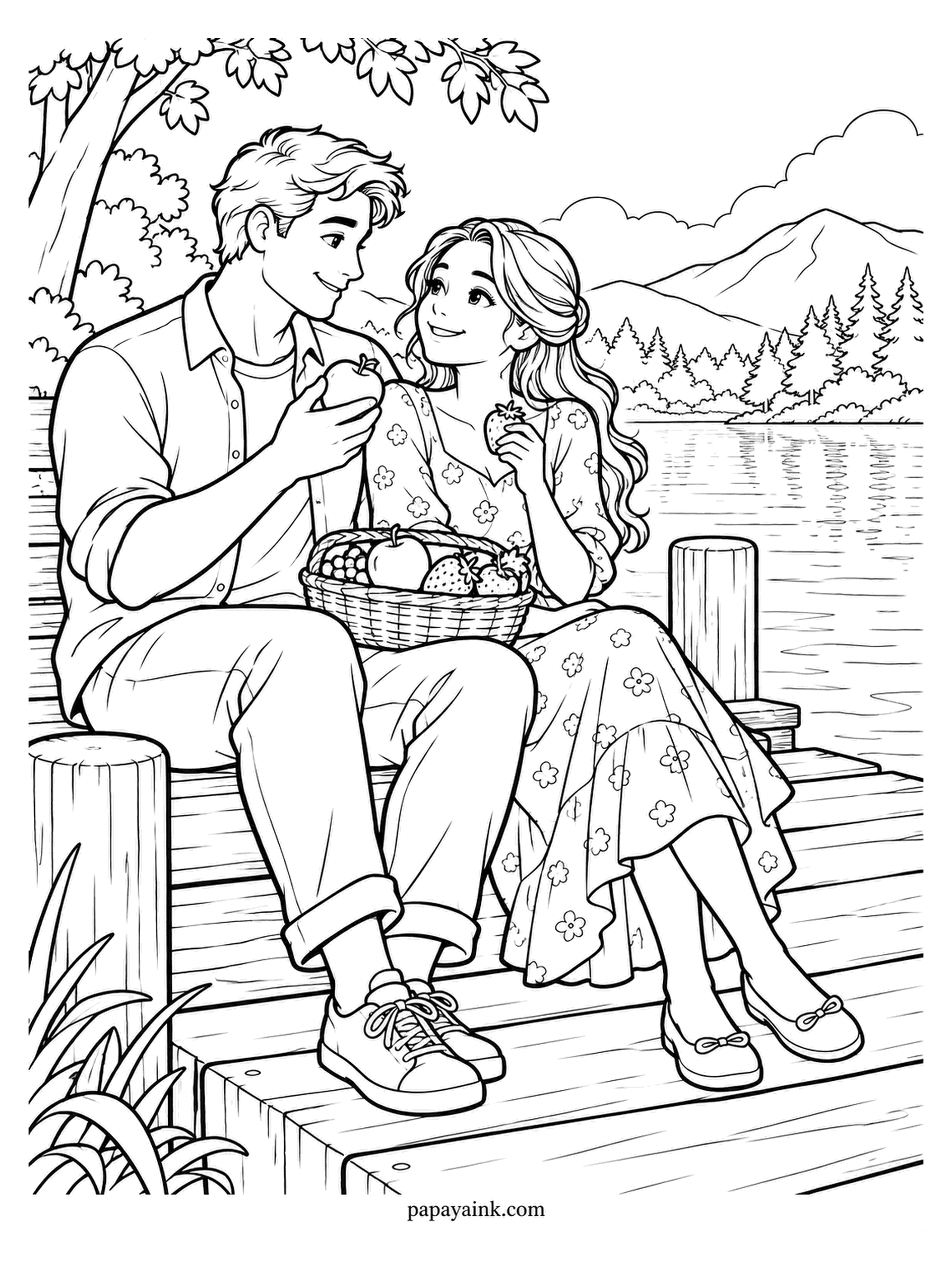 Love Coloring Pages - Sitting close on a lakeside dock with a fruit basket between them - apples, grapes and strawberries, and she has already claimed the first one. Pines and mountains wrap the far shore. Her flowered dress is the most patient part of this page.
