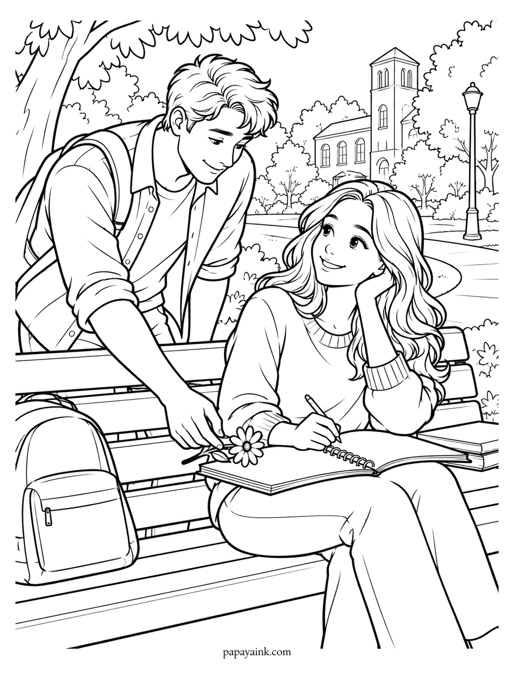 Love Coloring Pages - One daisy, slipped onto the open notebook while she is mid-sentence. He leans over the back of the bench; she looks up smiling, pen still moving. An old campus building with a tower stands behind the trees.