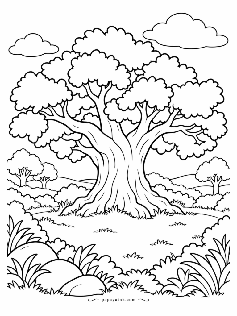 Nature Coloring Pages - An oak this wide was standing here before the hills got names. The glade around it stays empty, as if the younger trees agreed to keep a respectful distance. Try three greens in the crown: light on top, deep underneath.