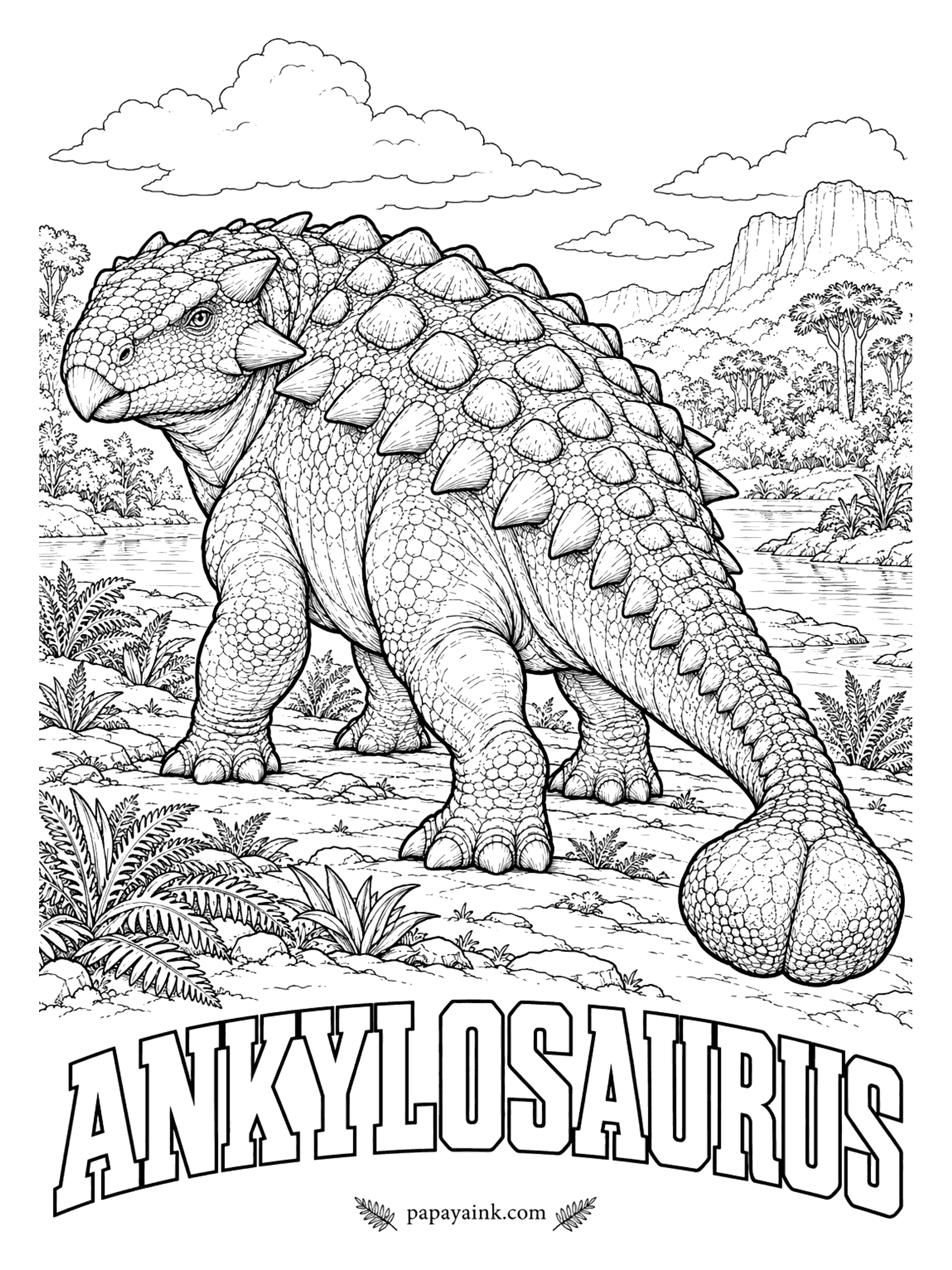 Free Printable Dinosaur Coloring Pages - A walking fortress with a wrecking ball at the back. Ankylosaurus (an-KIE-loh-SORE-us, fused lizard) wore armor plates set into its skin and swung a tail club that could hit hard enough to break bone. A plant-eater up to 26 feet long. Western North America, 68 to 66 million years ago.