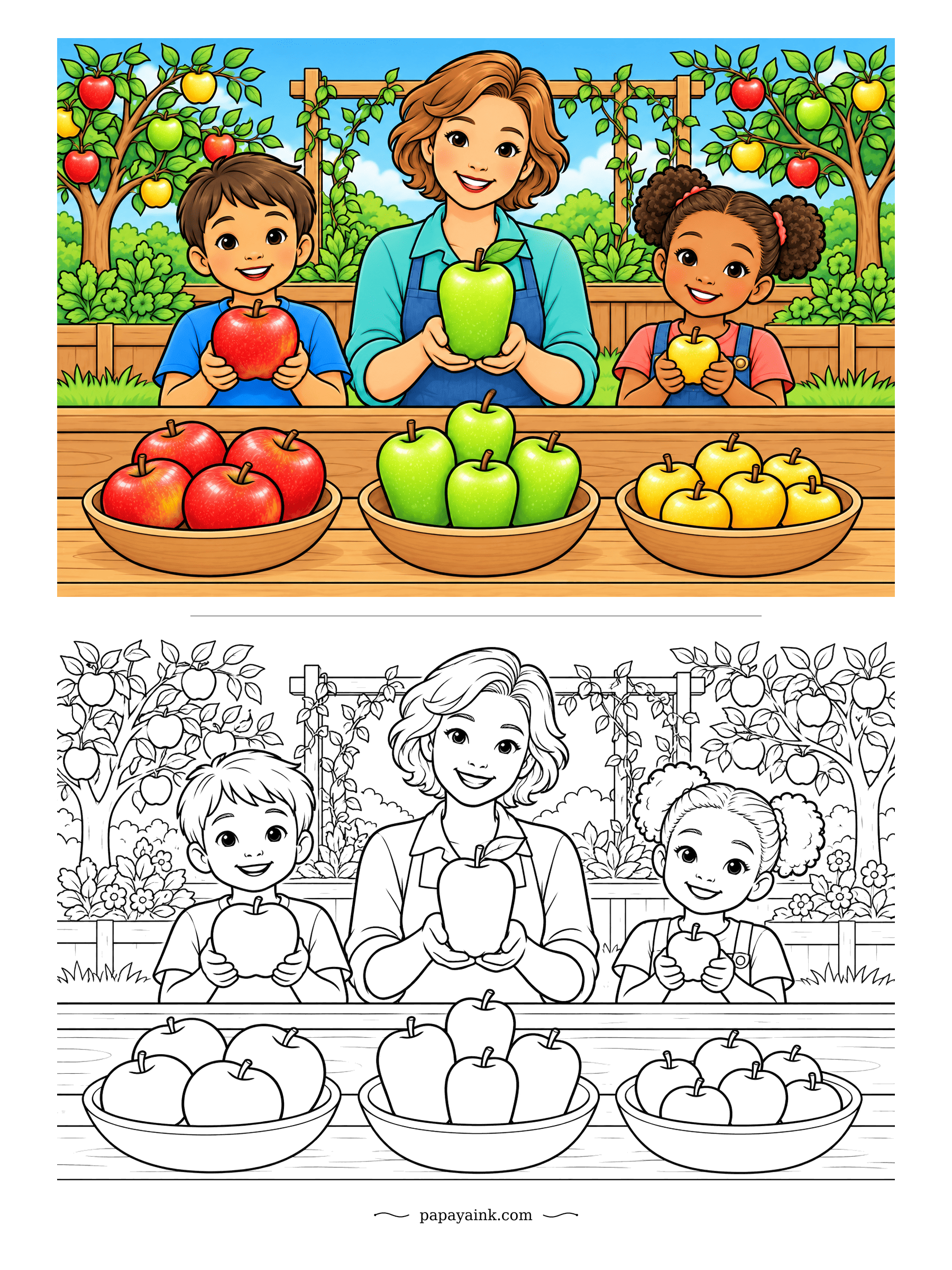 Apple Coloring Pages - Red, green and yellow, sorted into separate bowls, and everyone at the table holds up a favorite for the vote. The grown-up has gone with the tart one. Follow the color version above or give the bowls new varieties.