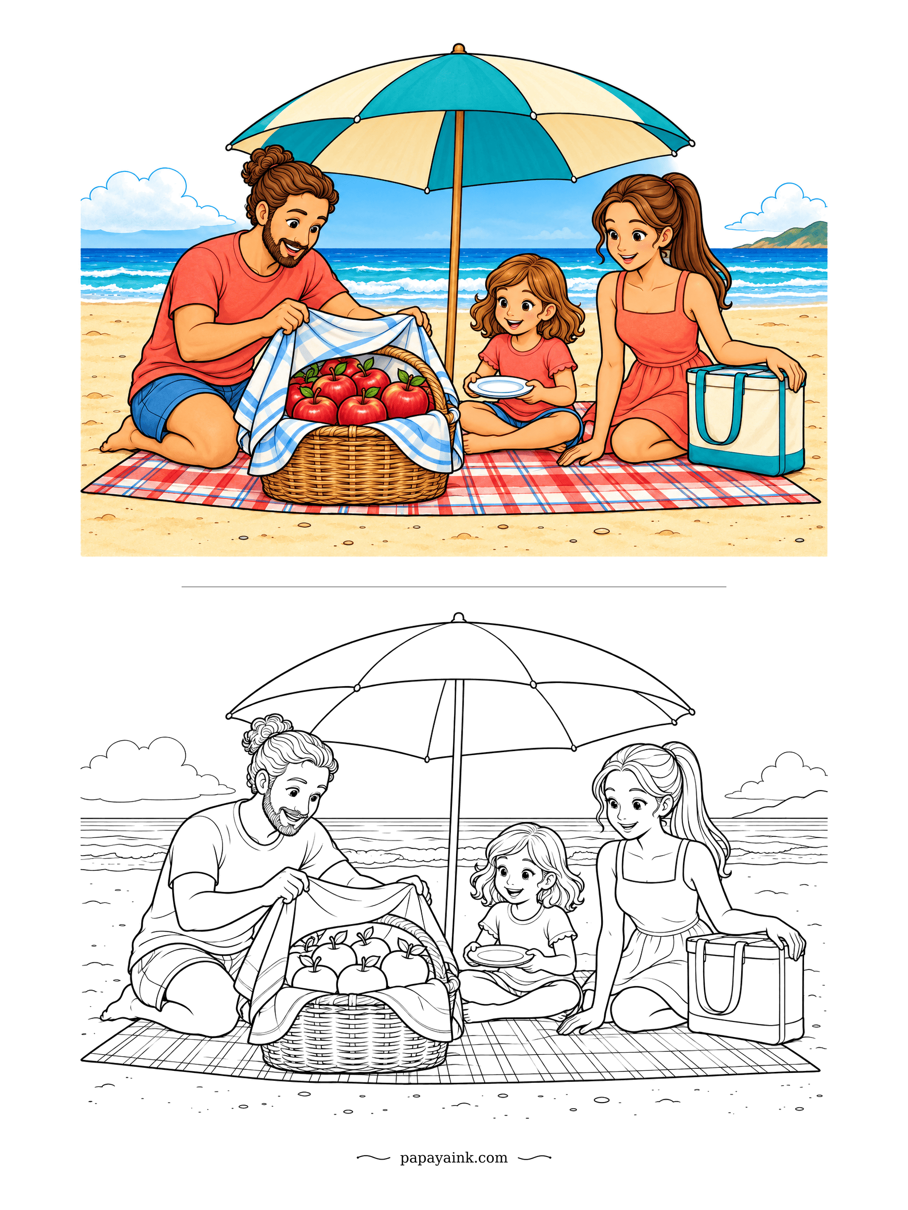 Apple Coloring Pages - Apples at the beach, under a striped umbrella, in a basket with a dish towel over the top to keep the sun off. The girl already has her plate ready. Turquoise and cream for the umbrella, or anything bright.