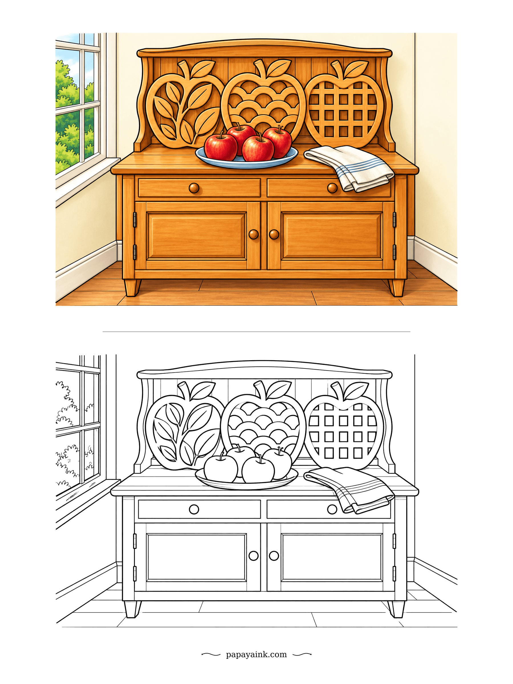 Apple Coloring Pages - Three carved wooden trivets stand on the dresser like portraits, each cut in a different pattern: leaves, scales, a lattice. A dish of apples sits in front. Honey-toned wood in the sample; try darker walnut on yours.