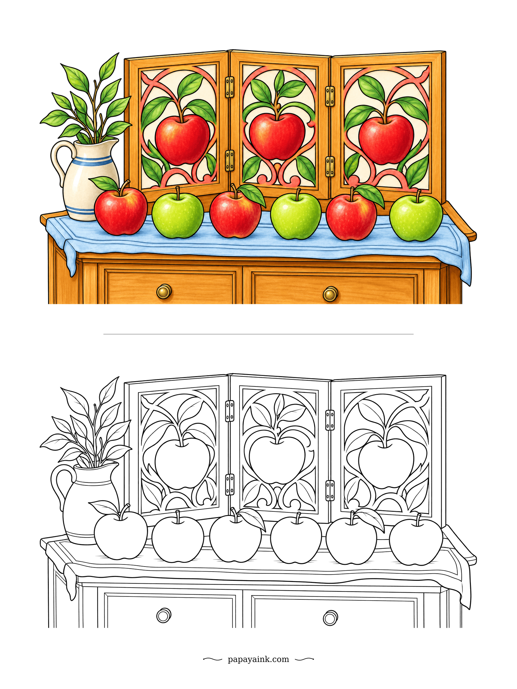 Apple Coloring Pages - A folding screen with an apple cut into every panel, standing behind a runner of apples in alternating varieties. The jug of leaves finishes the corner. Warm wood and coral fretwork, matched to the example if you like.